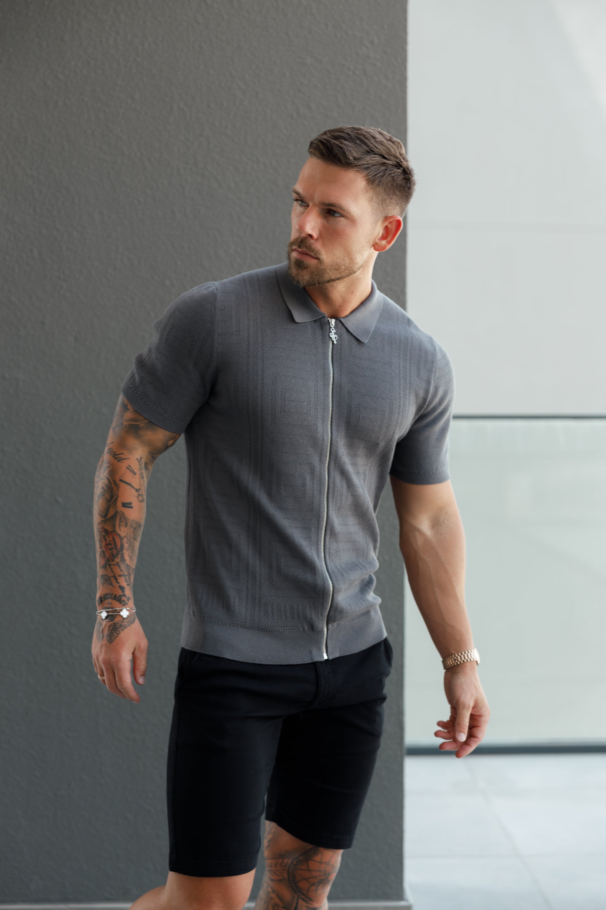 Classic Knitted Geo Design With Full Length Zip Gunmetal Short Sleeve - FSN150