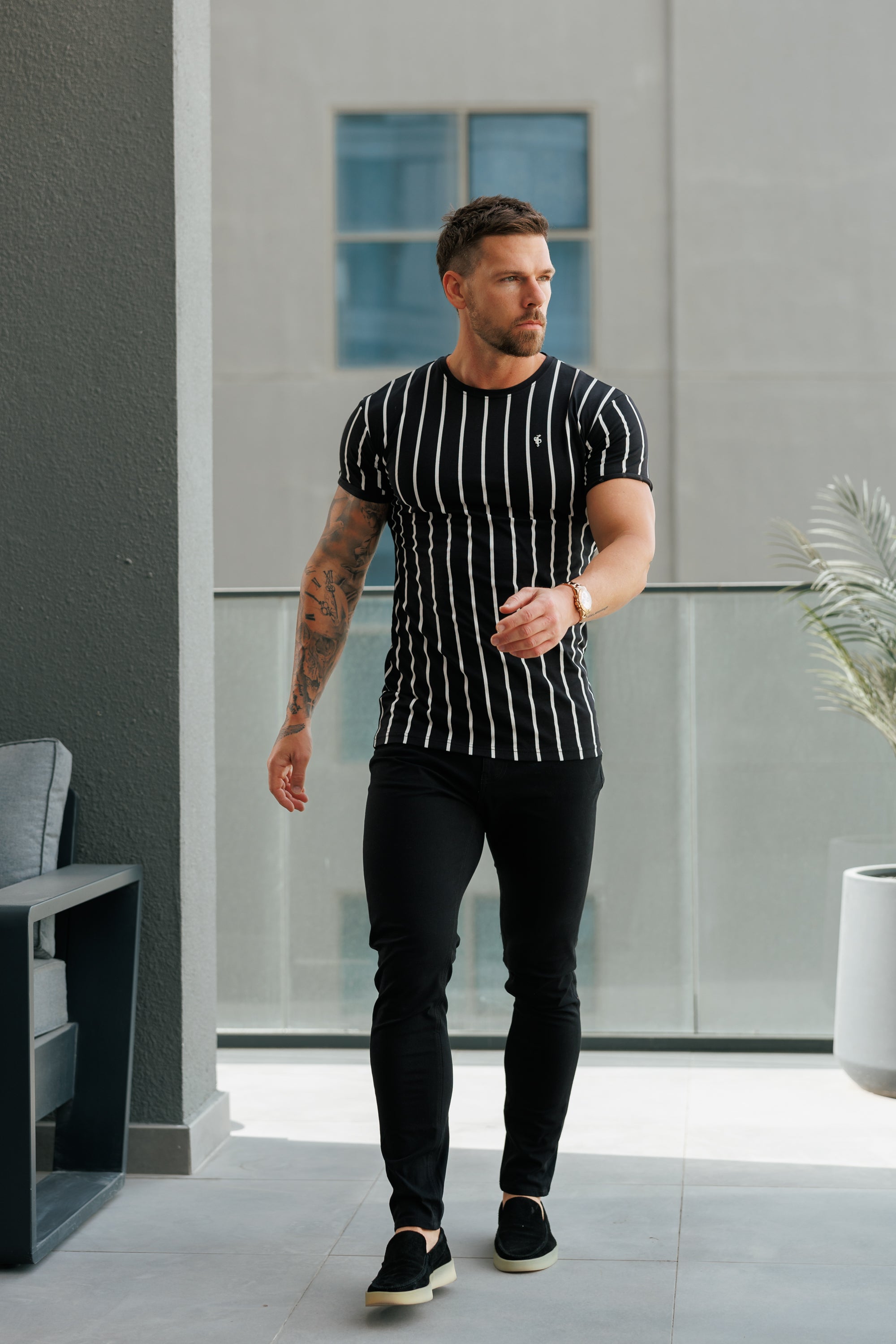 Printed Black / White Stripe Fitted T Shirt - FSH1167