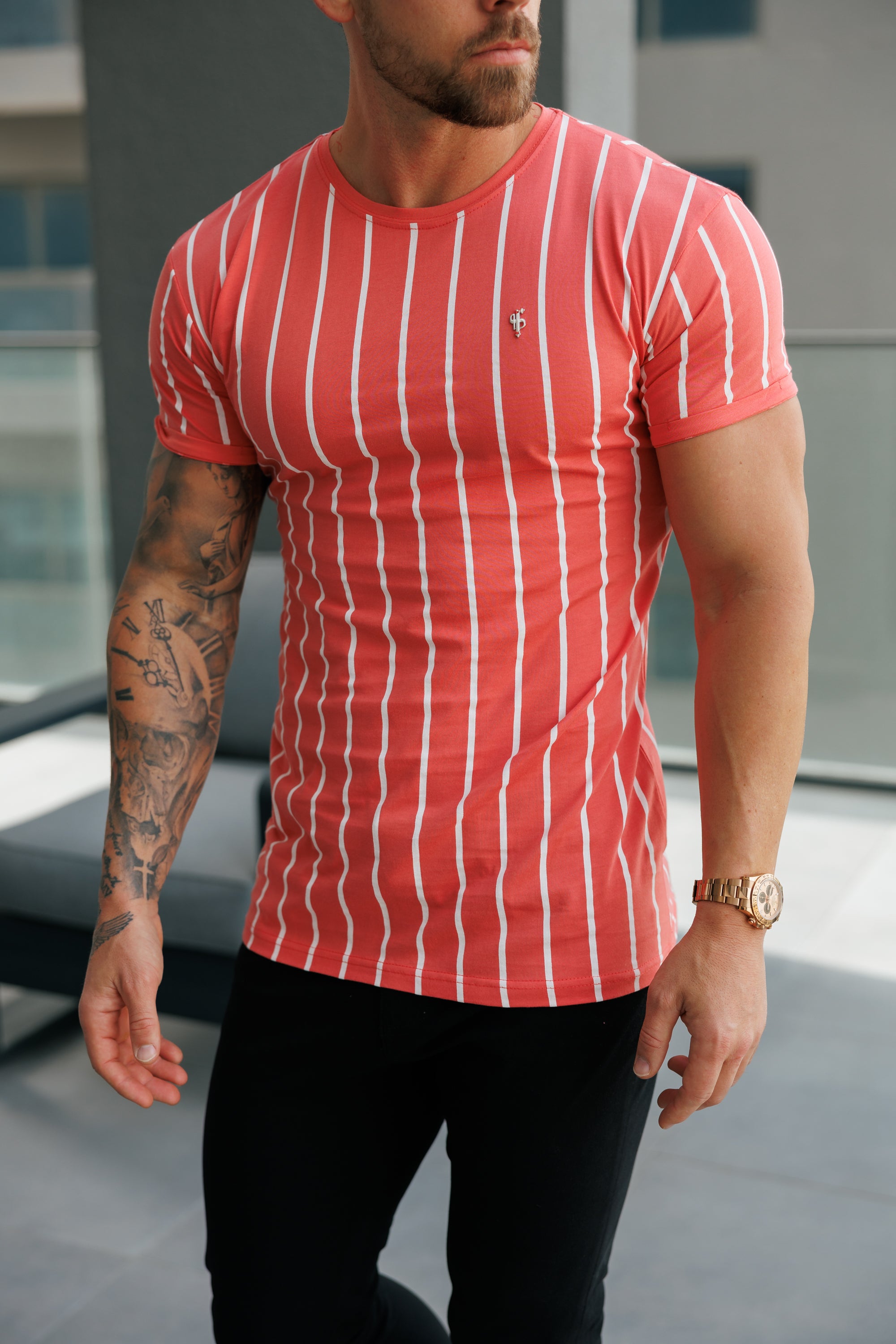 Printed Coral / White Stripe Fitted T Shirt - FSH1171