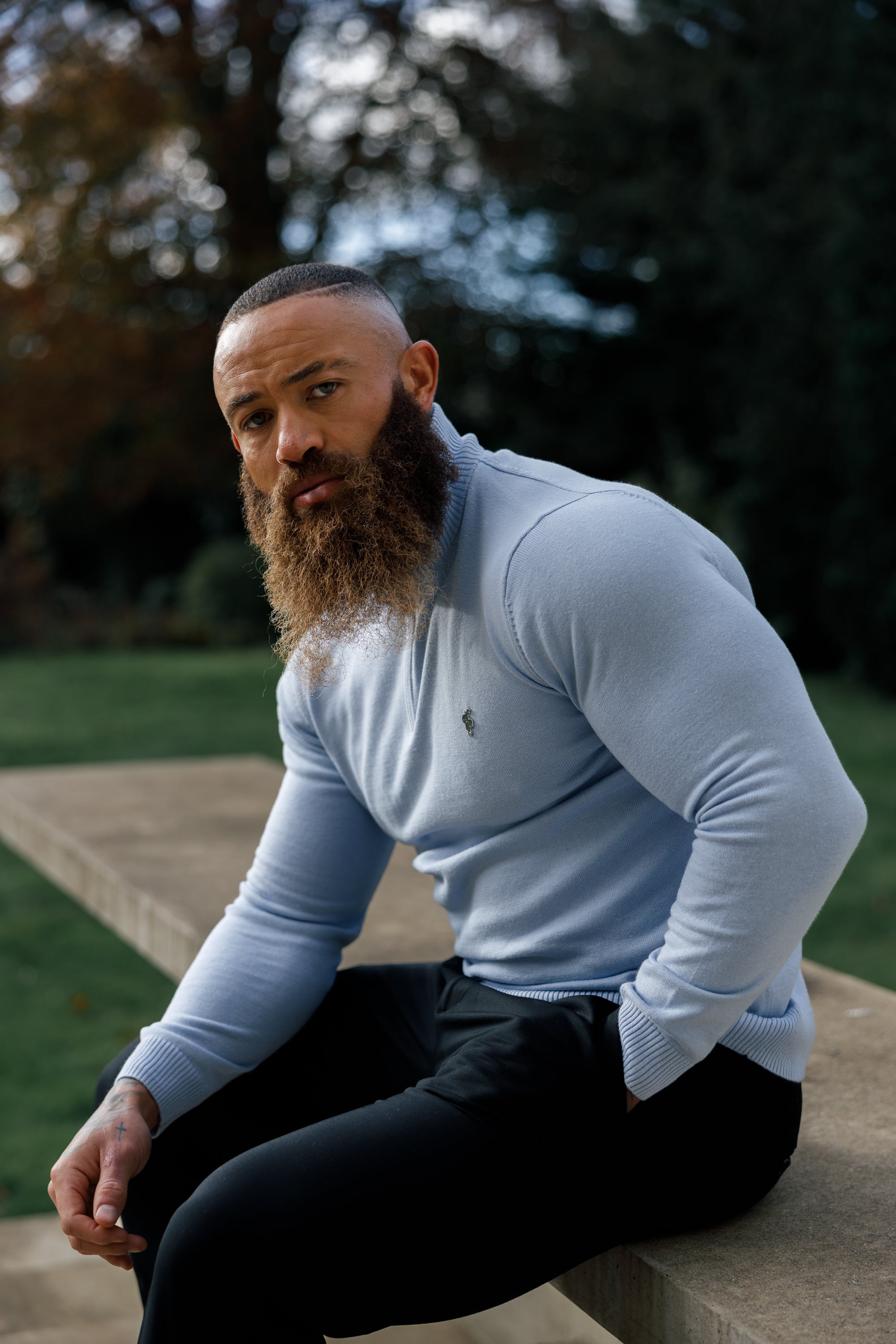 Light Blue Funnel Neck 1/2 Zip Knitted Jumper - FSN119