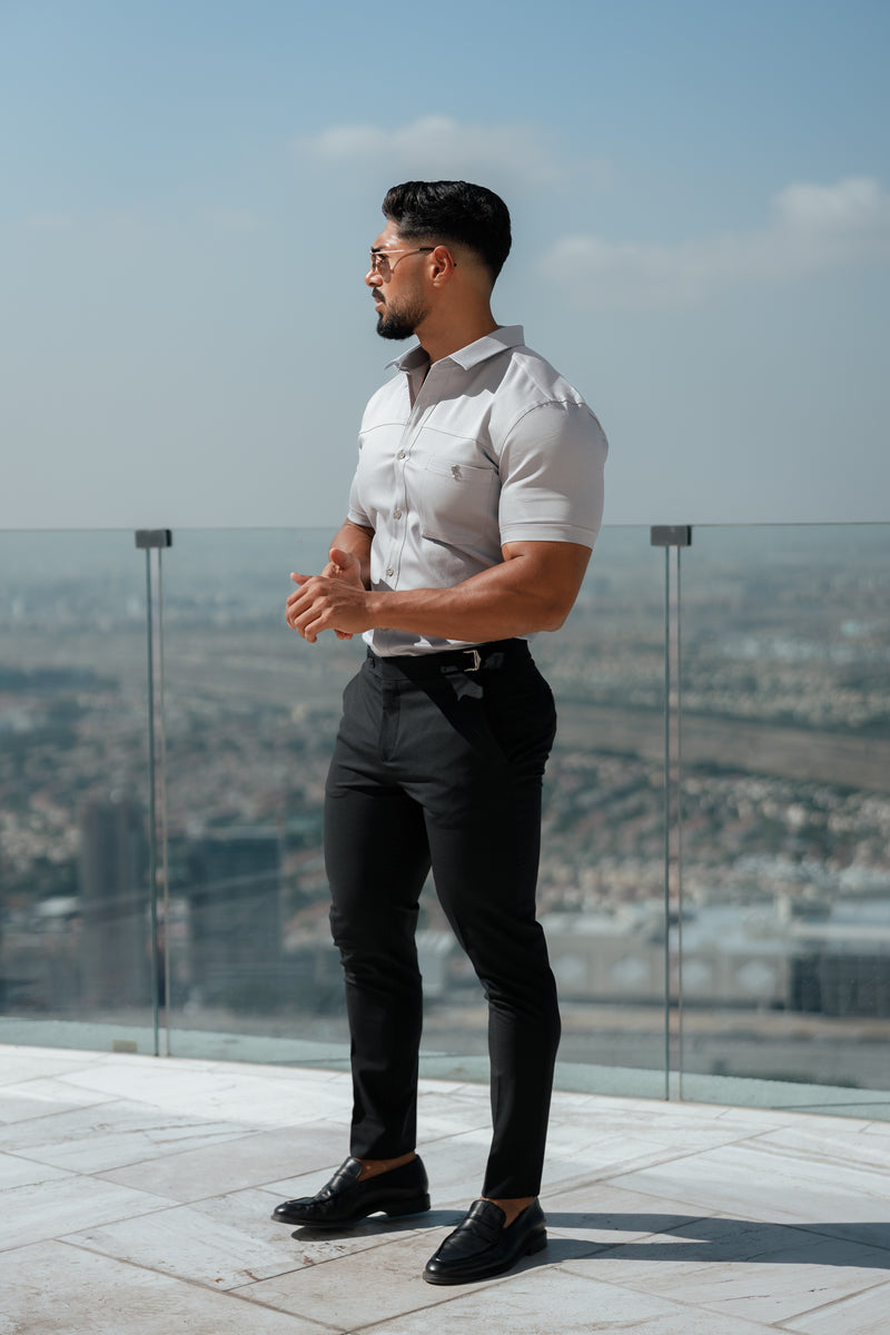 Father Sons Slim Formal Black Stretch Trousers With Silver Waist Adjusters - FST013