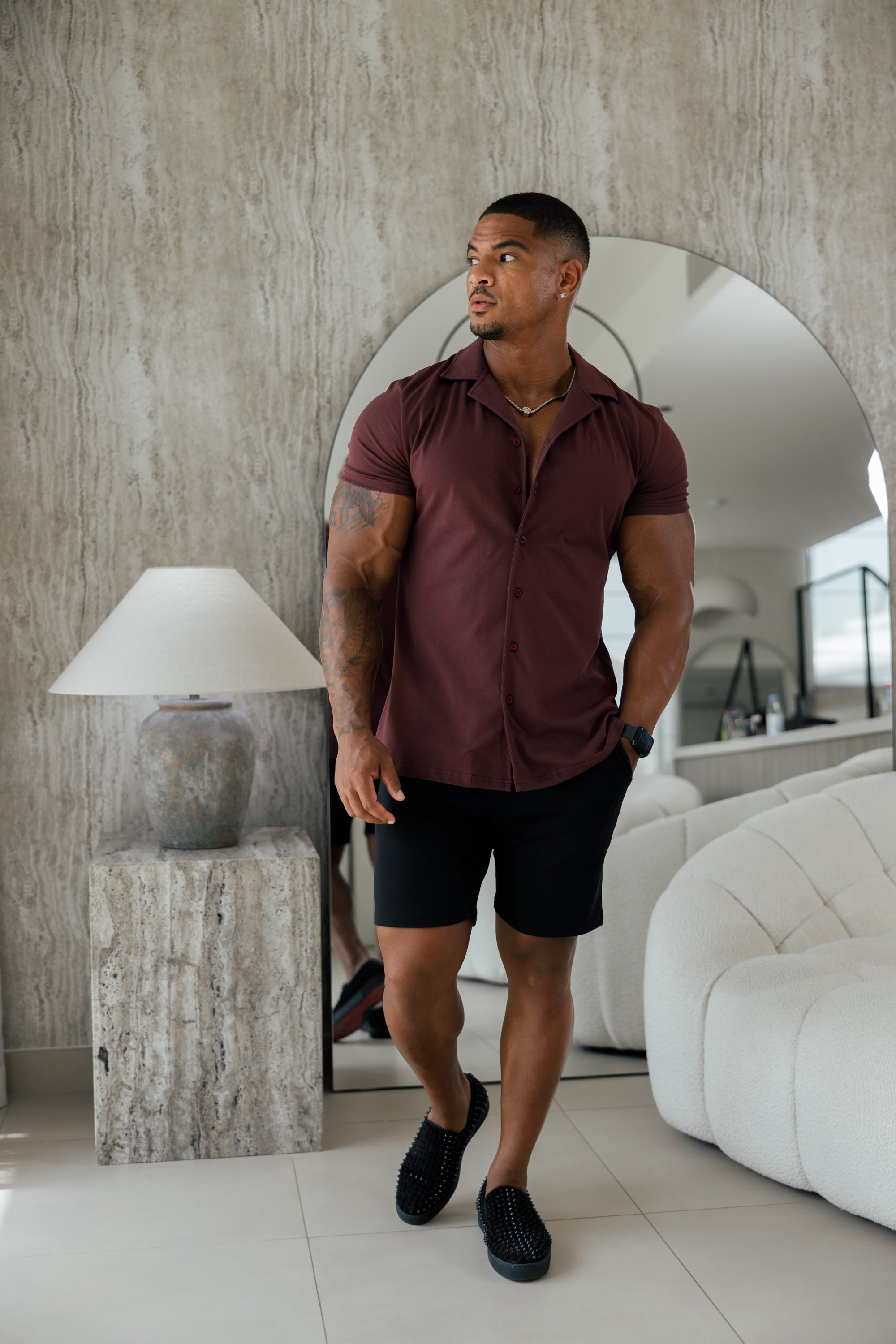 Stretch Burgundy Pique Revere Shirt Short Sleeve - FSH1079