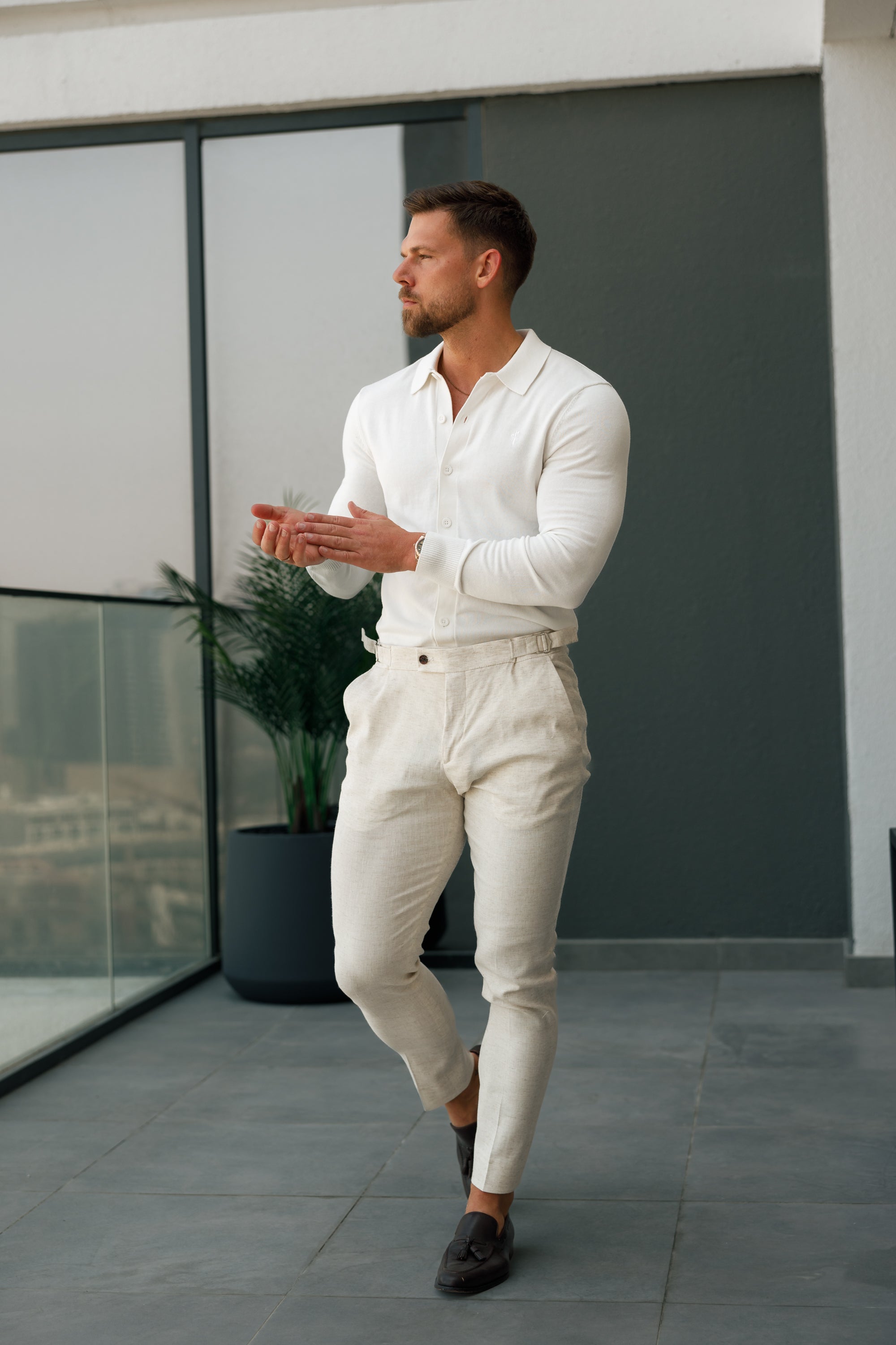 Classic Plain Off White Knitted Button Through Polo Long Sleeve - FSN172