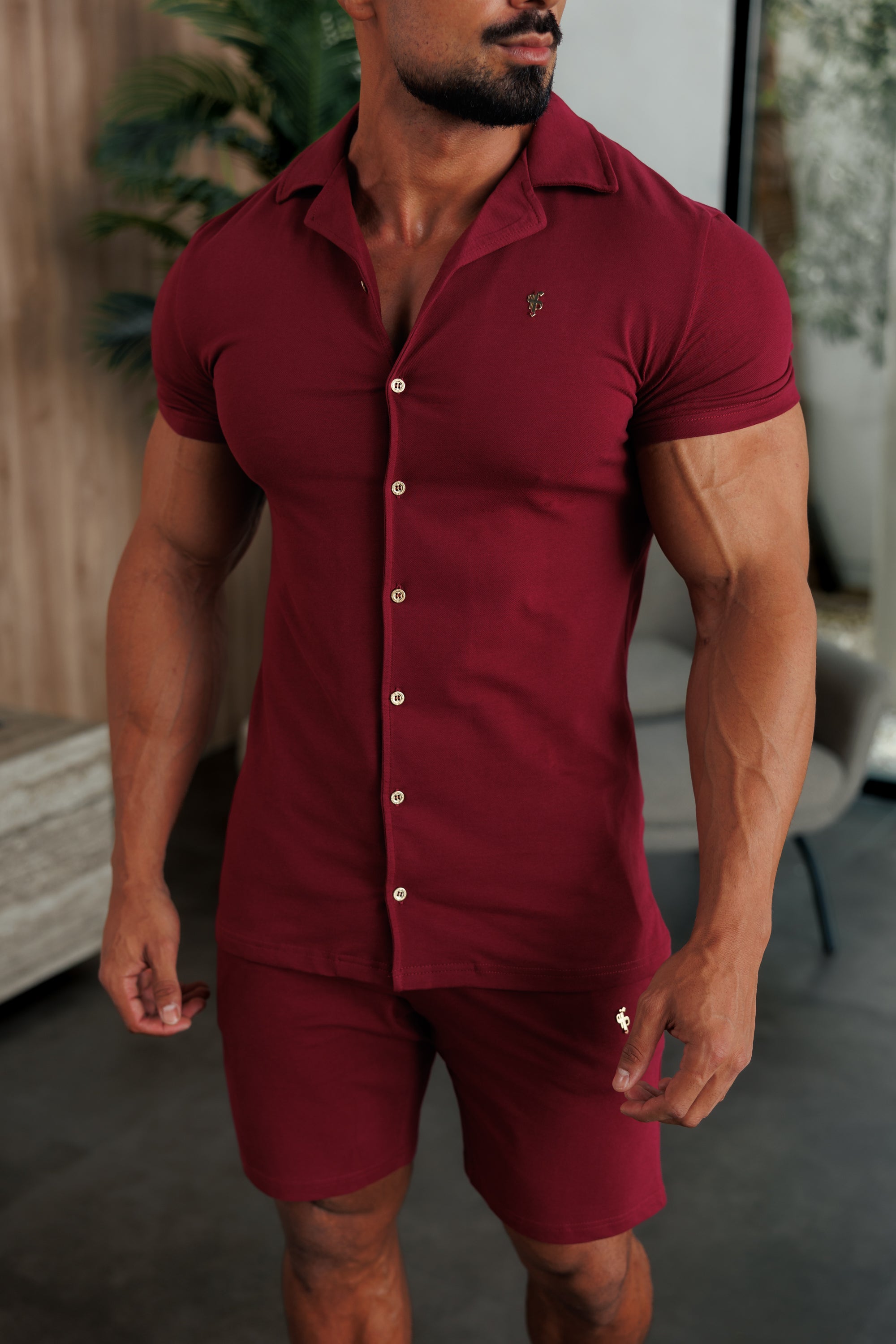 Stretch Wine / Gold Pique Revere Shirt Short Sleeve - FSH1388