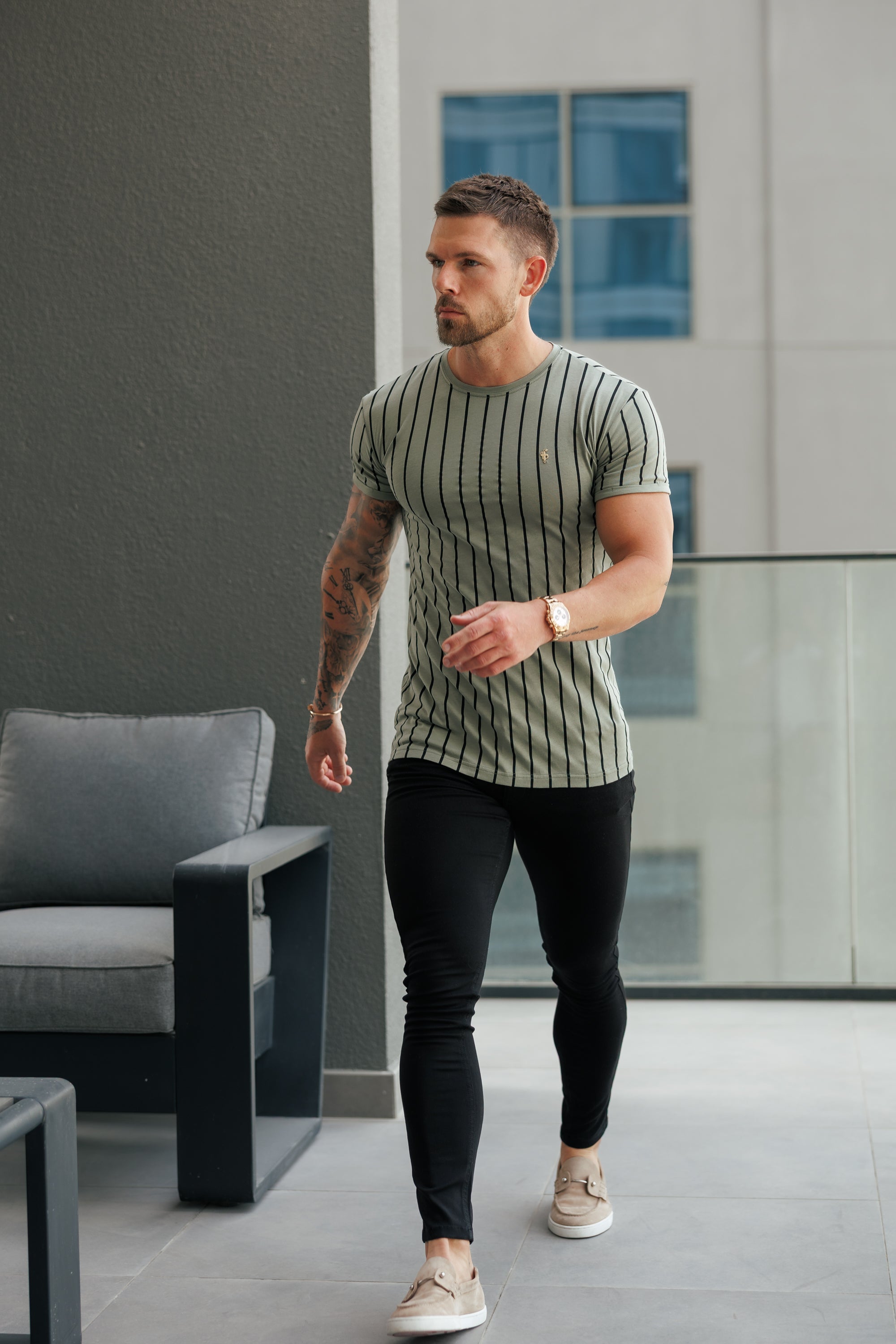 Printed Olive / Black Stripe Fitted T Shirt - FSH1374