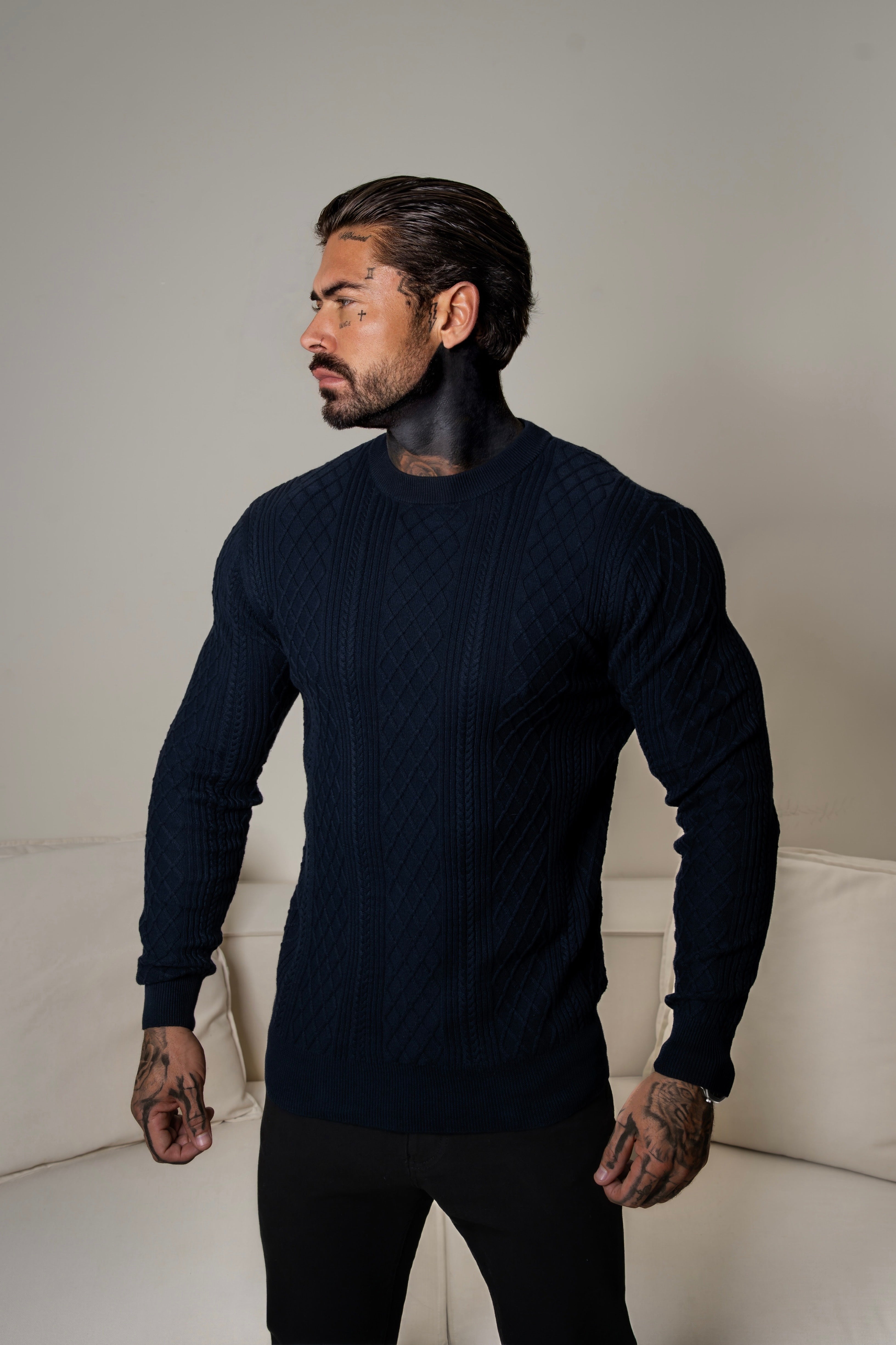 Fine Knit Diamond Navy Jumper Long Sleeve - FSA007