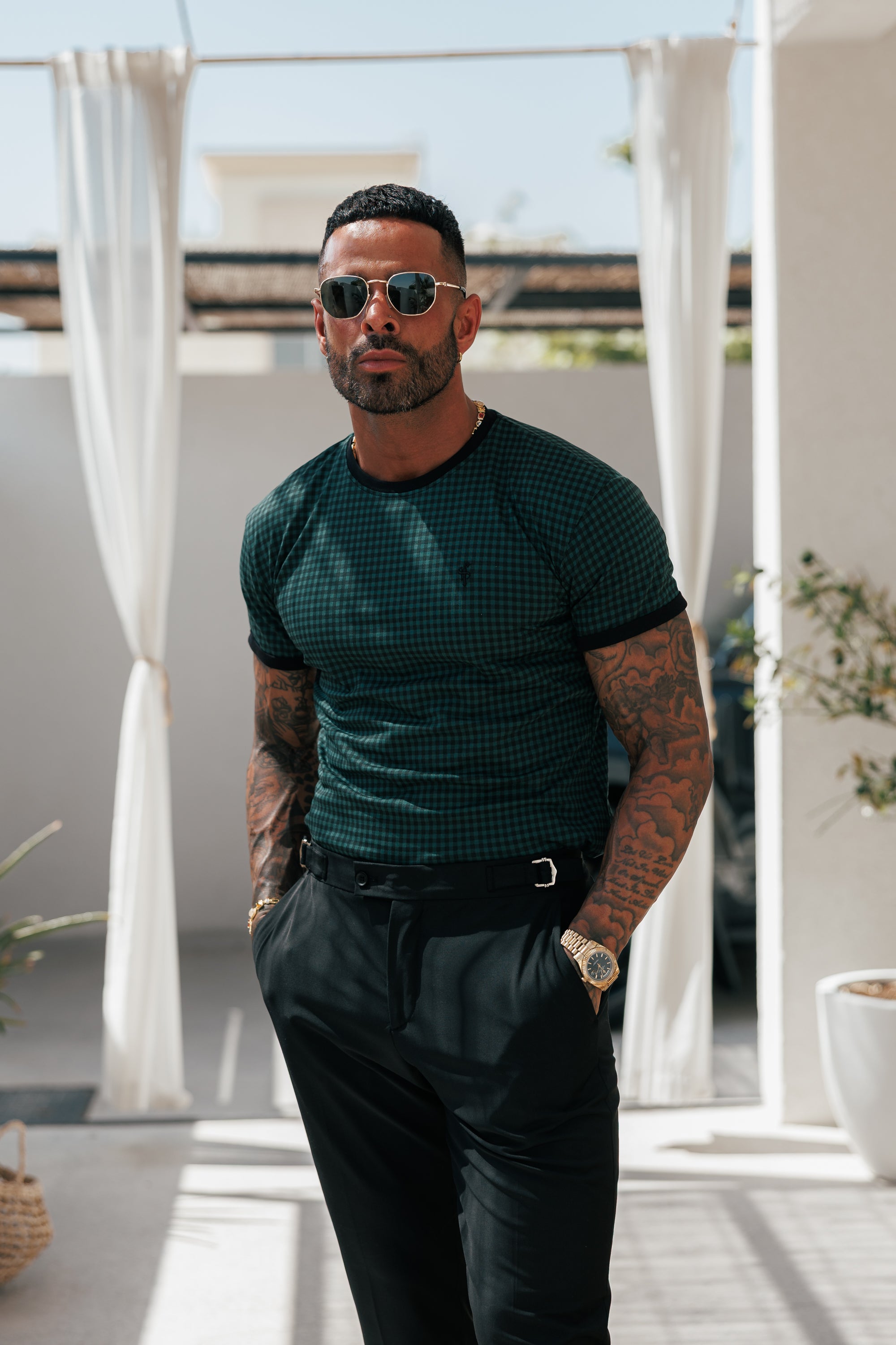 Printed Forest Green / Black Check Fitted T Shirt - FSH1241