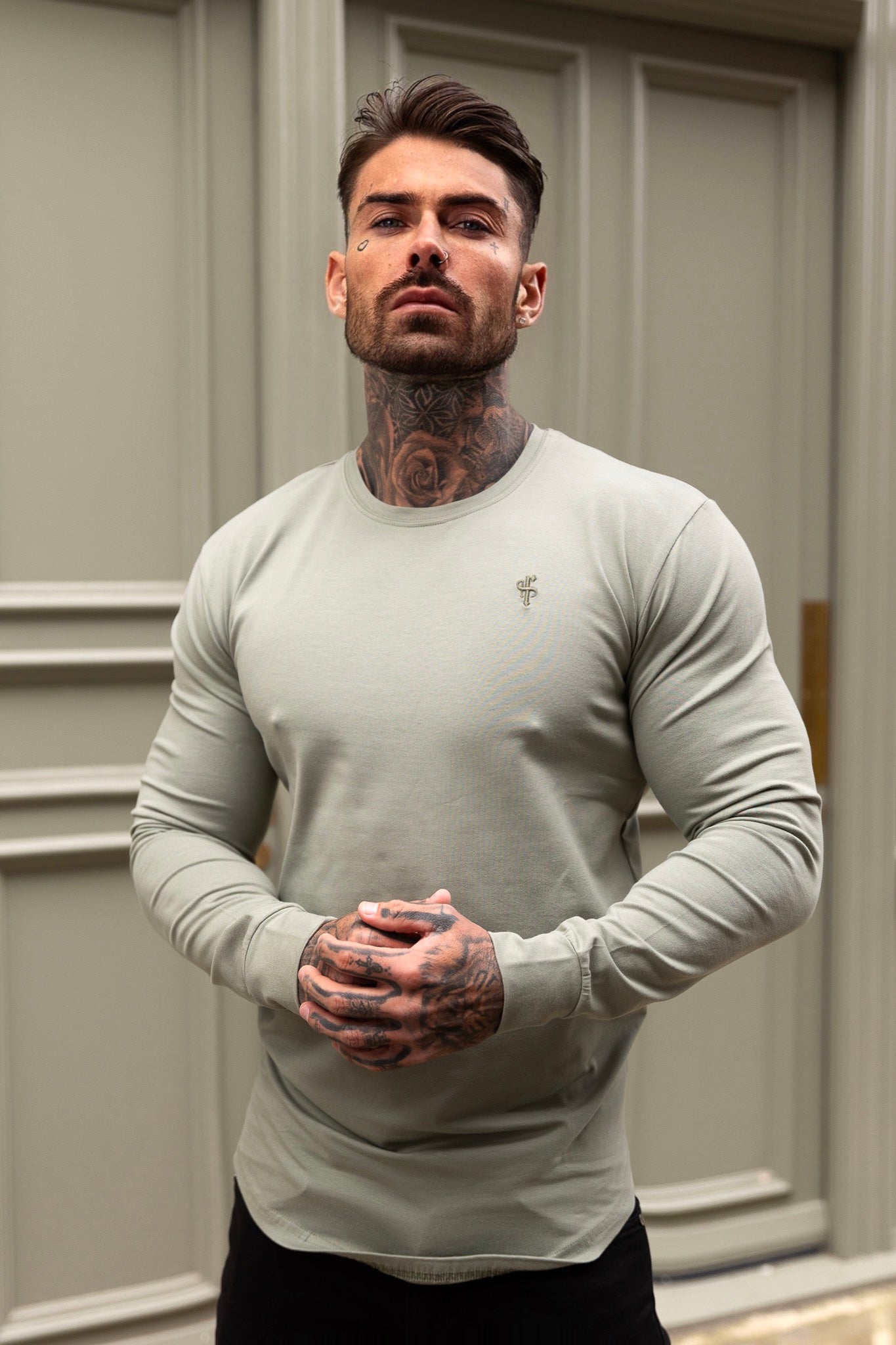 Classic Olive Tonal Curved Hem Long Sleeve Crew T Shirt - FSH1003