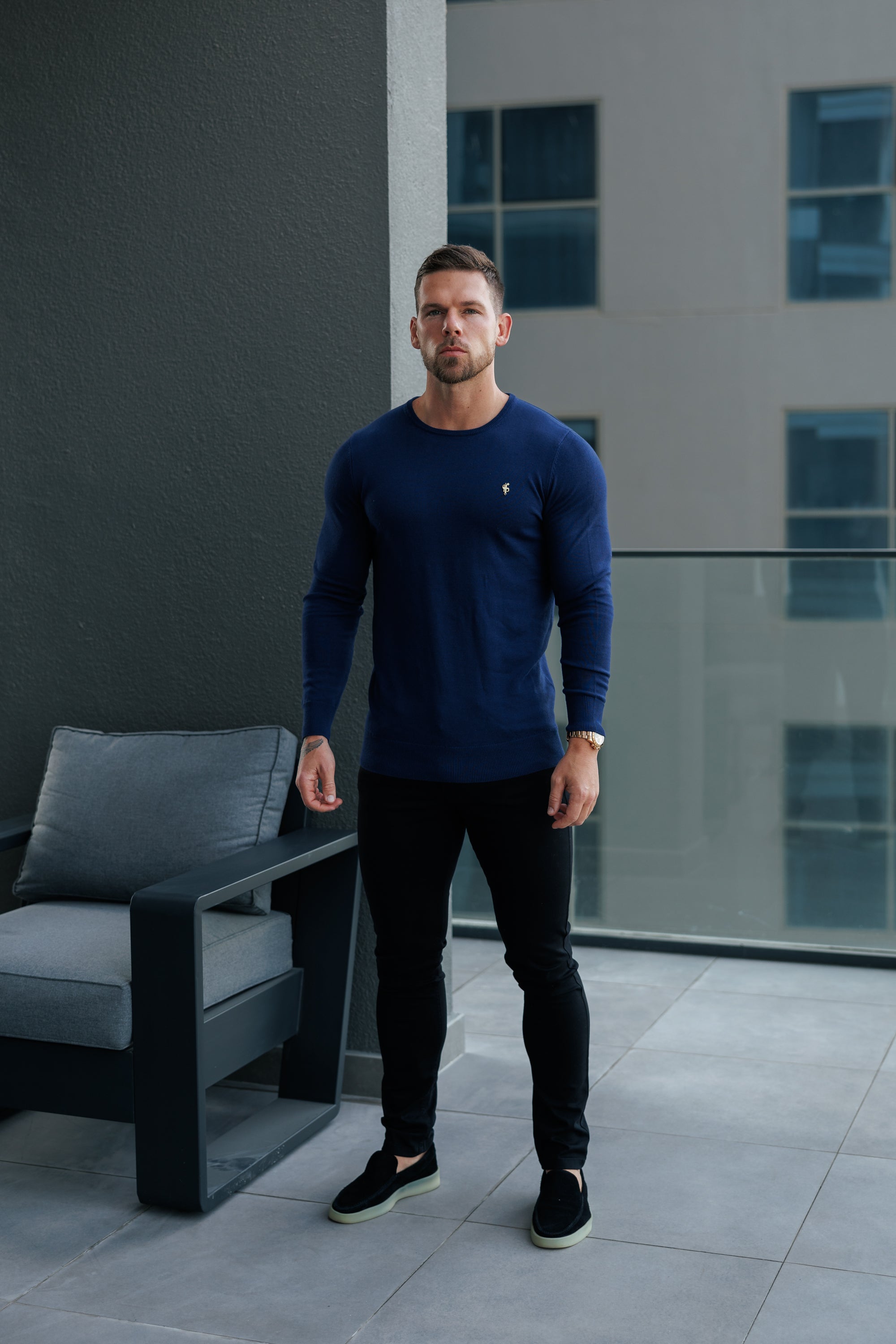 Navy Crew Neck Knitted Jumper With FS Branding - FSN197