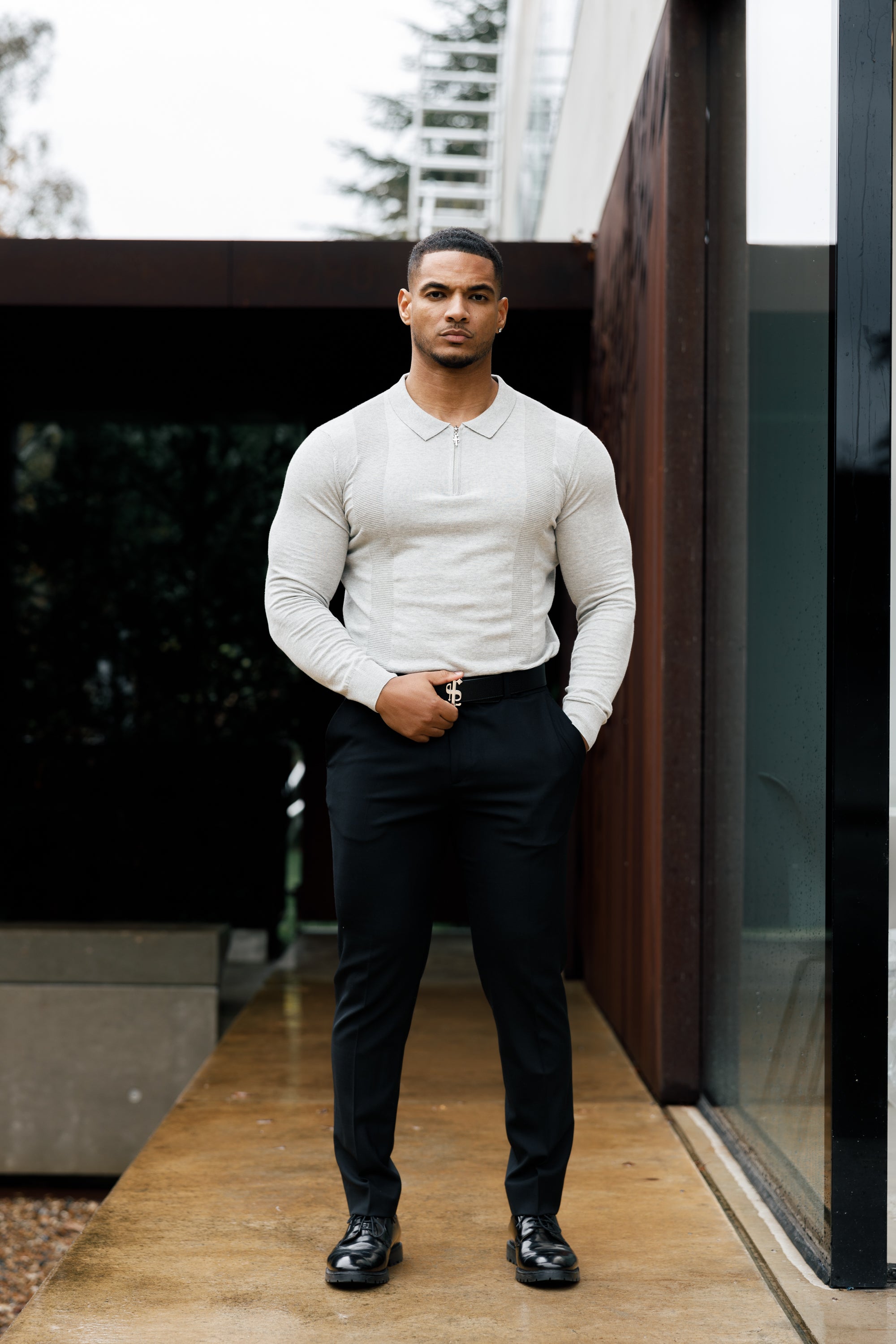 Classic Grey Marl and Silver Zip Knitted Polo Shirt Long Sleeve - FSN127