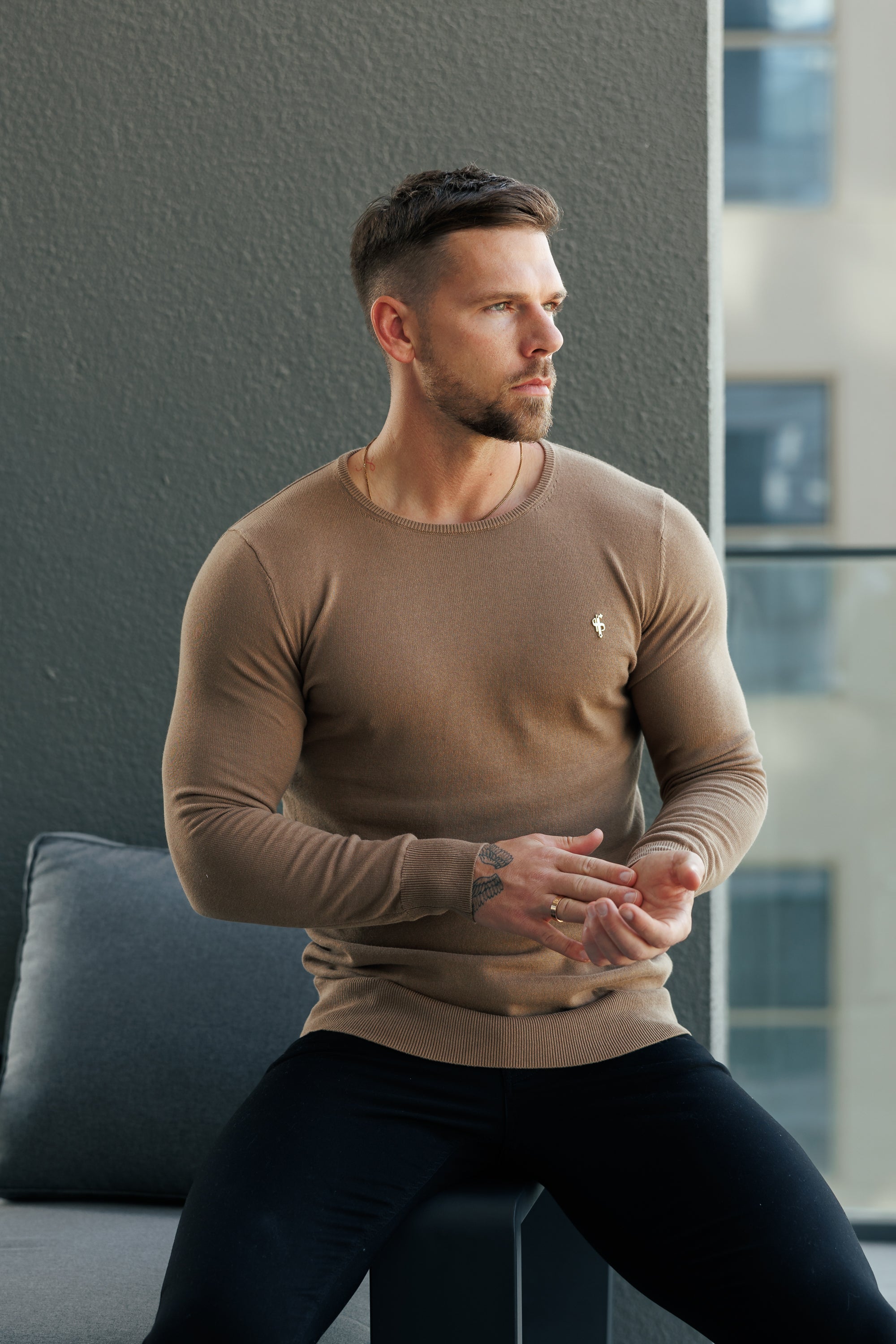 Camel Crew Neck Knitted Jumper With FS Branding - FSN200