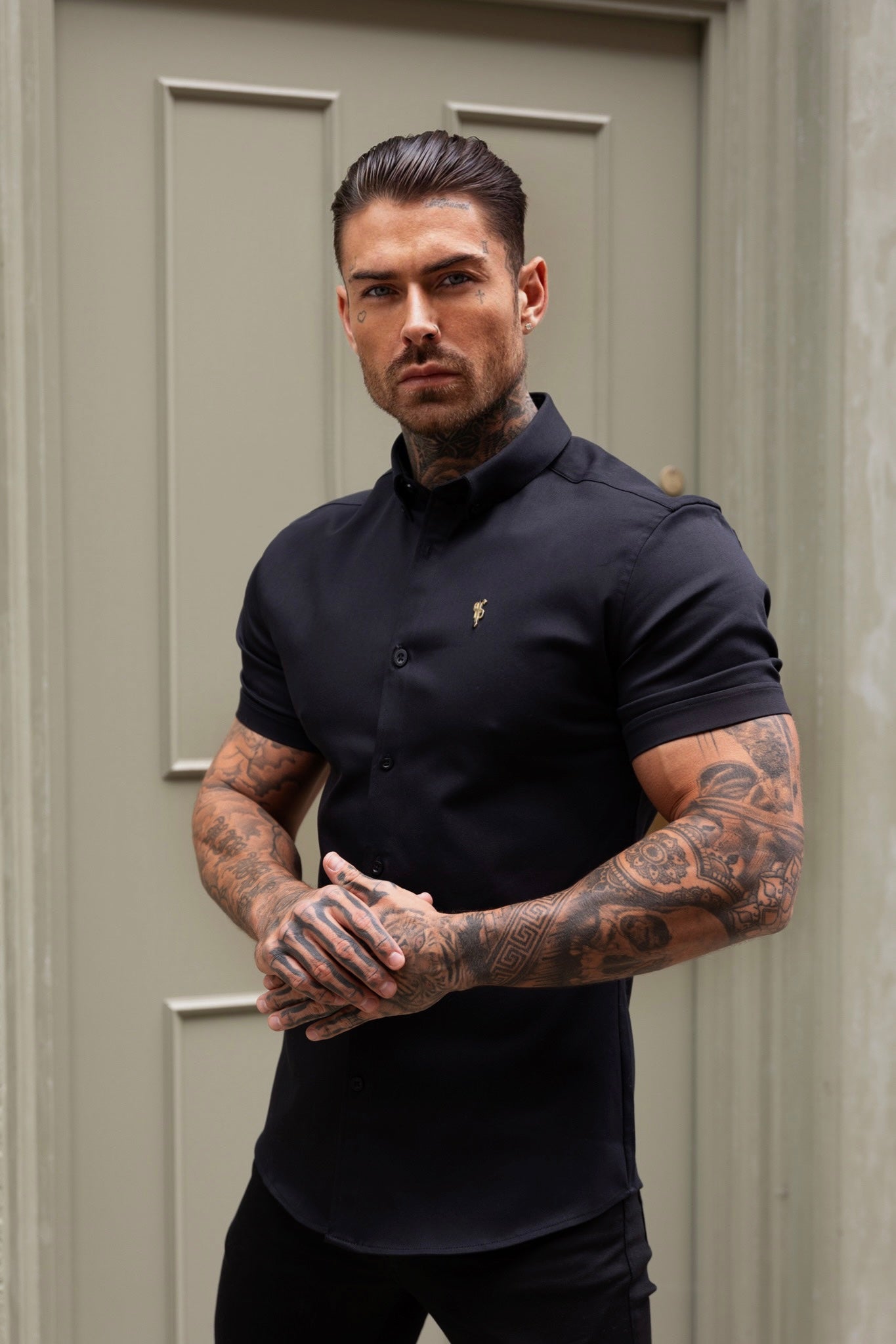 Super Slim Stretch Black Denim Short Sleeve with Gold Metal Decal and Button Down Collar - FS1041