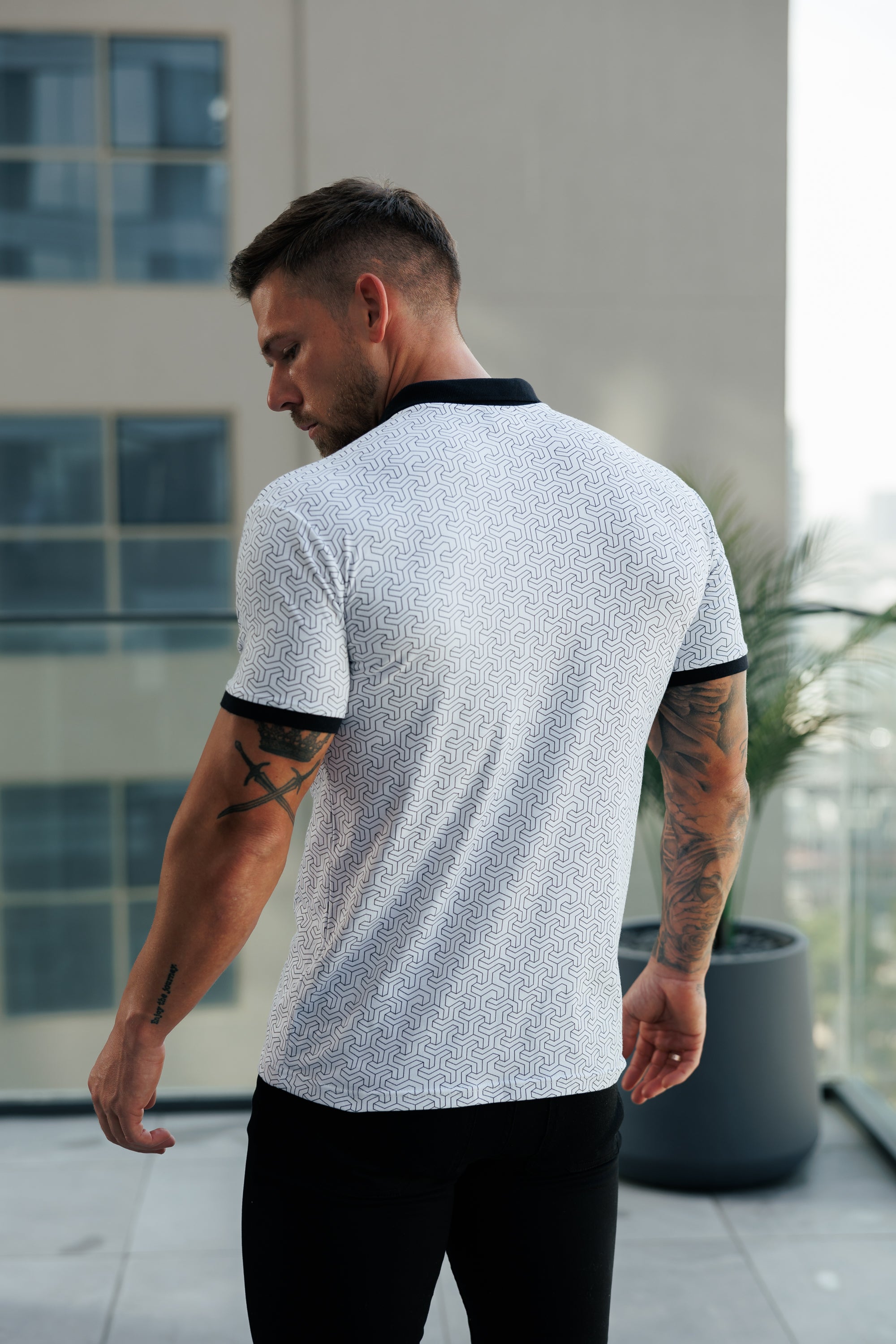 White / Black Geo Printed Polo Shirt - FSH1233