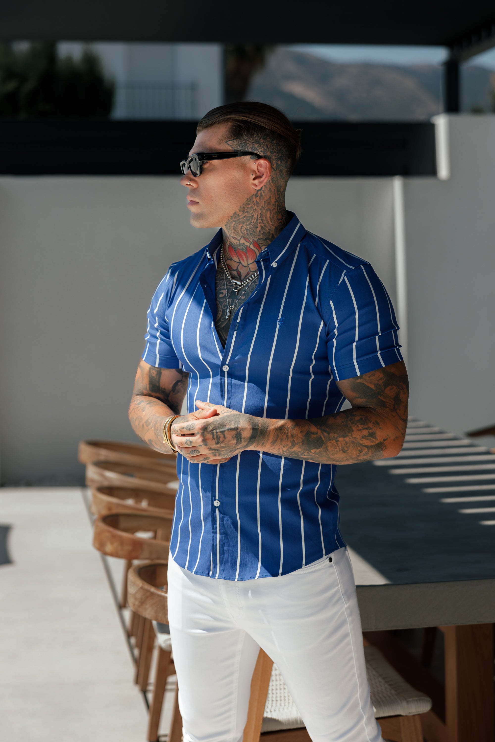 Super Slim Stretch Ocean Blue Printed Wide Stripe Short Sleeve with Button Down Collar - FS1056
