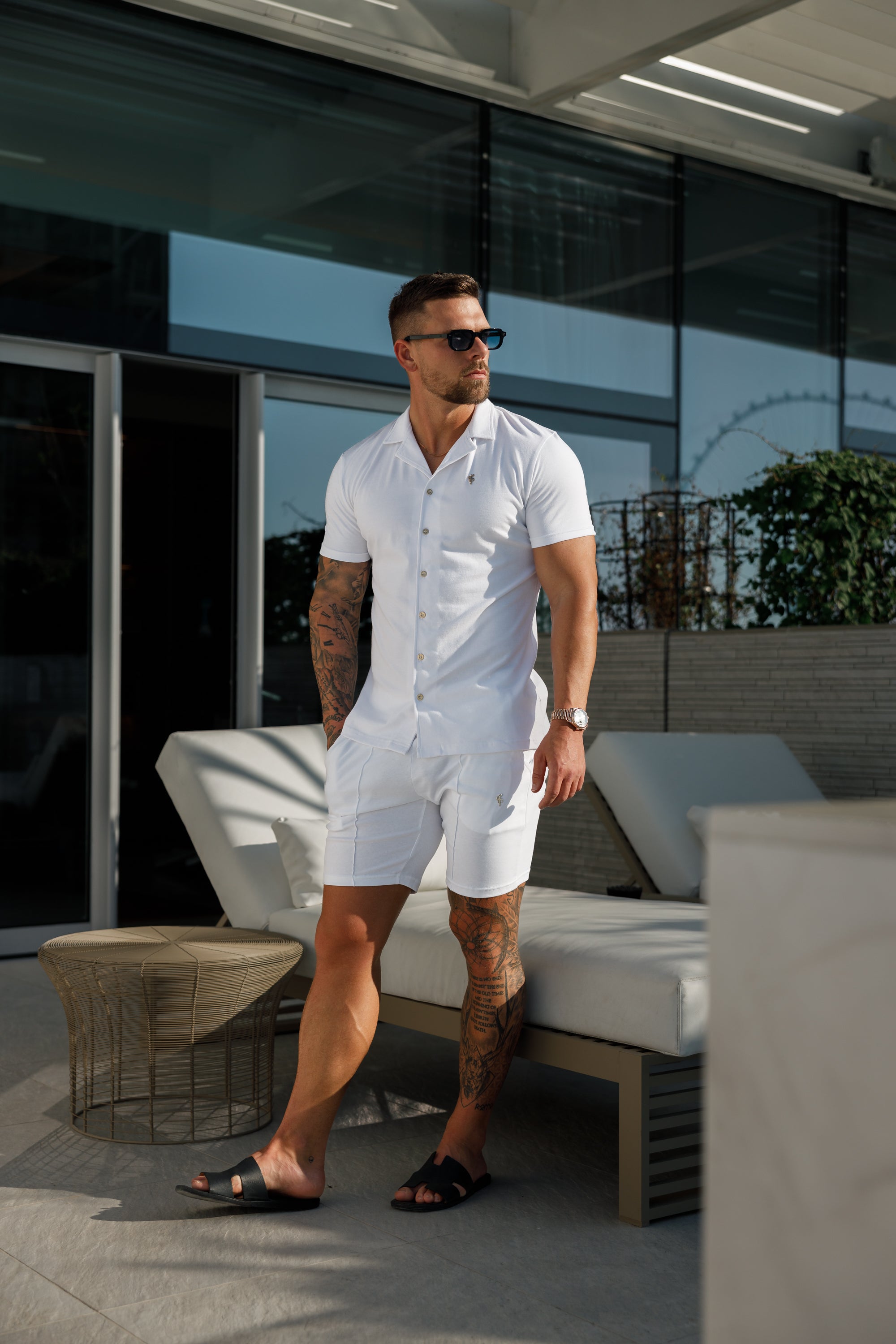 Stretch White / Gold Pique Revere Shirt Short Sleeve - FSH1071