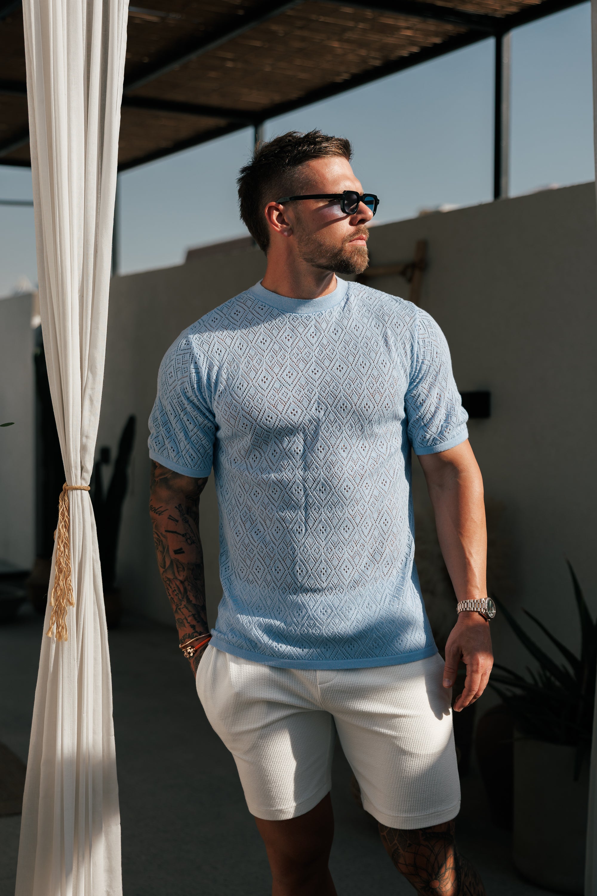 Crochet Crew T-Shirt Blue Short Sleeve - FSJ088