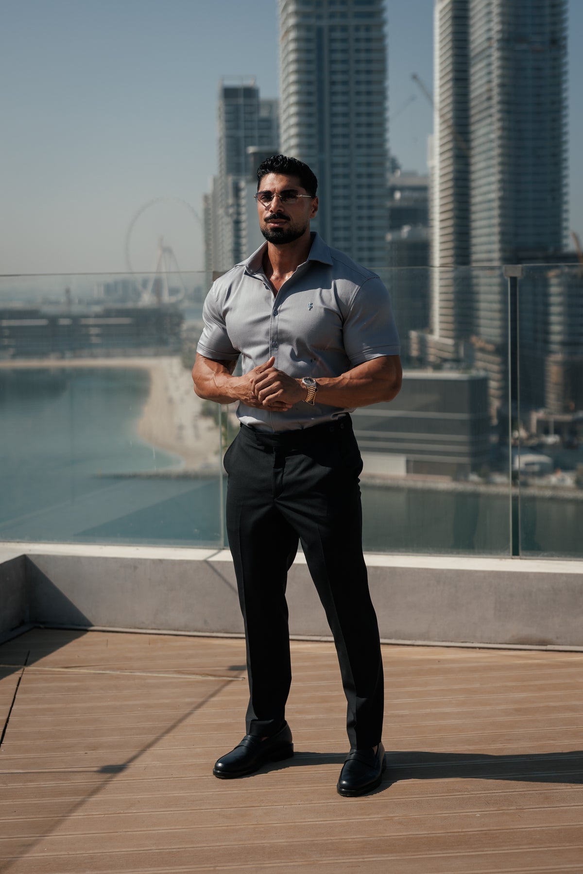 Super Slim Stretch Mid Grey Denim Short Sleeve with Silver Metal Decal and Cutaway Collar - FS1327