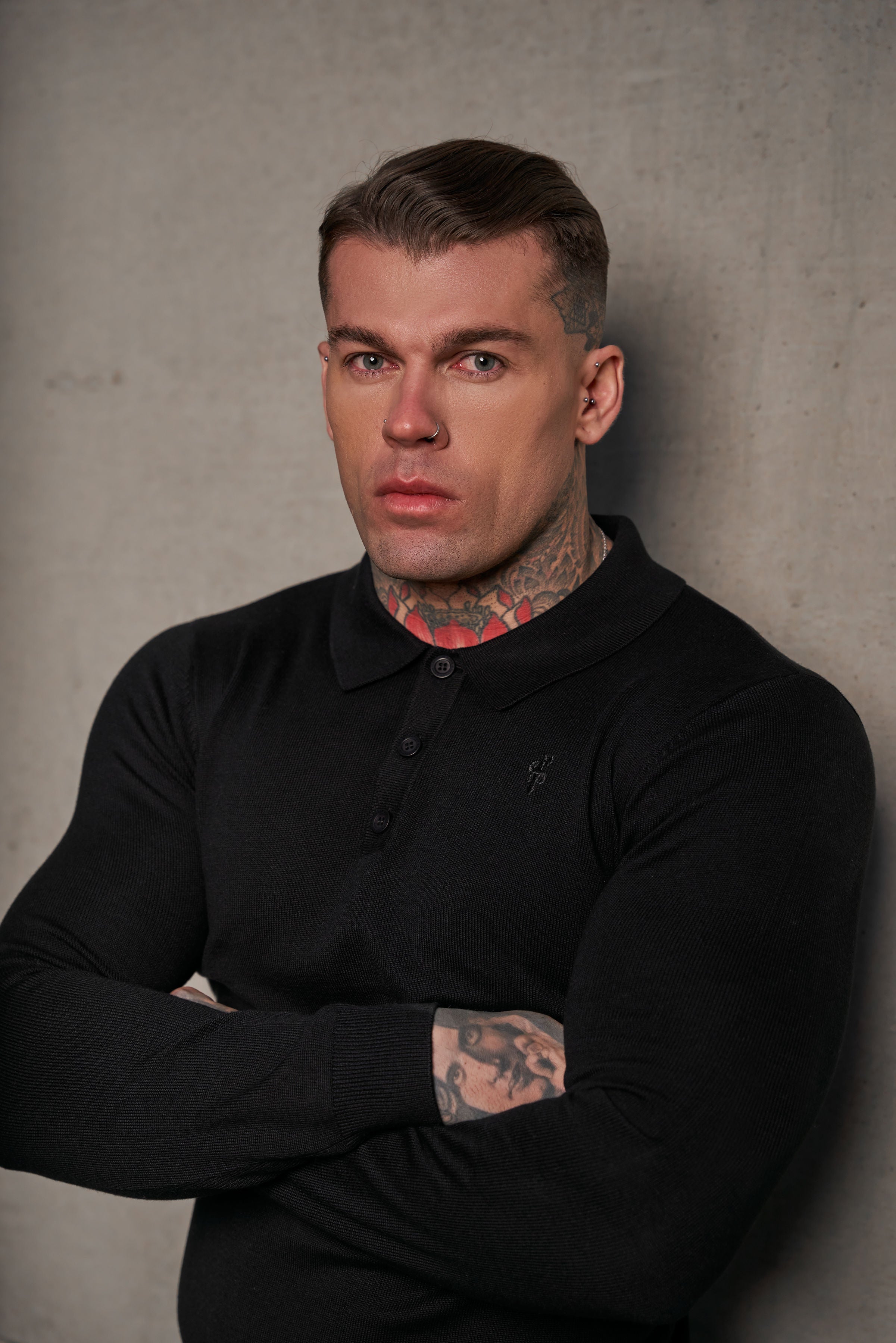 Classic Black Knitted Polo Jumper Long Sleeve With Tonal FS Embroidery- FSN139