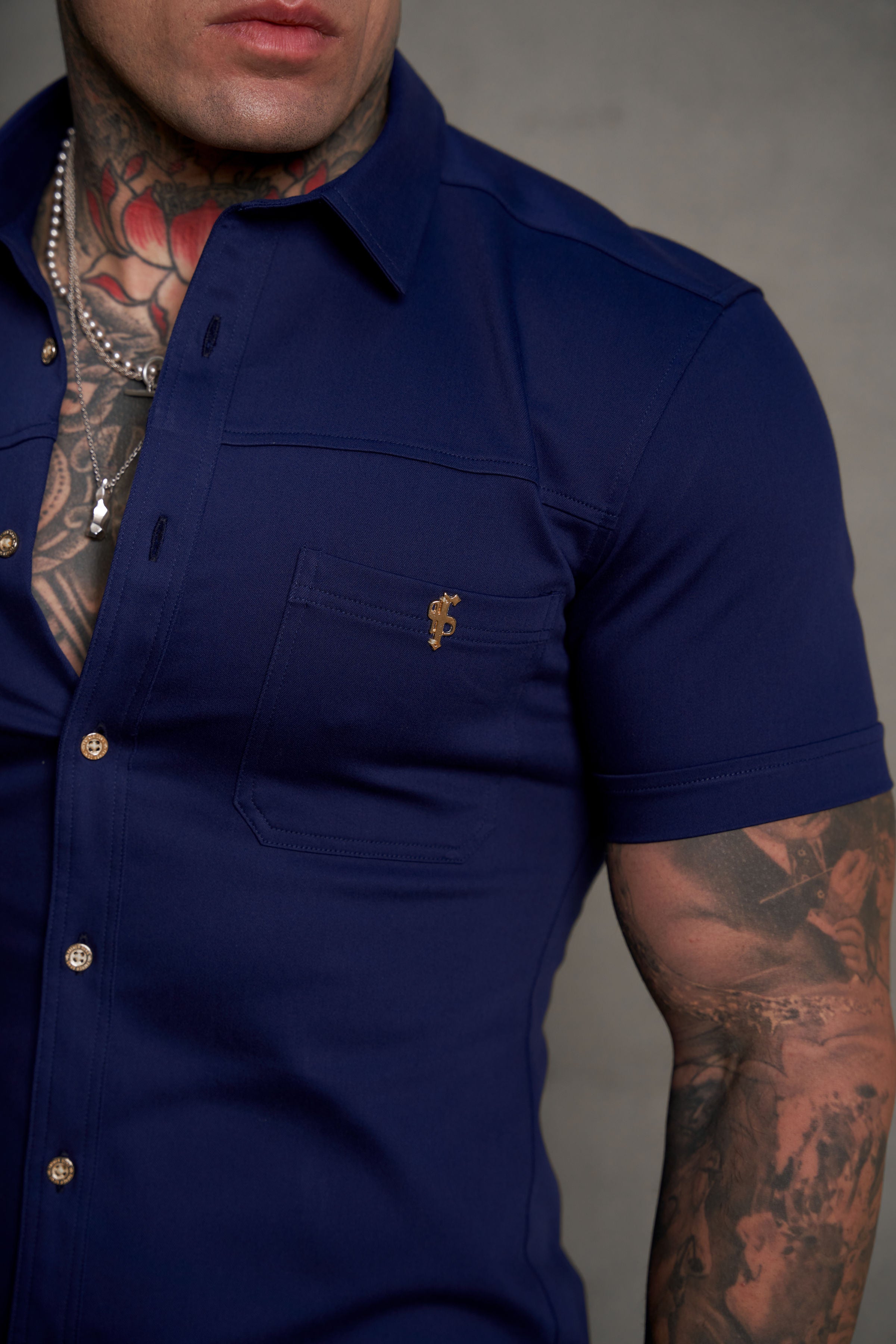 Super Slim Stretch Navy Denim Short Sleeve with Horizontal Seam and Pocket- FS959