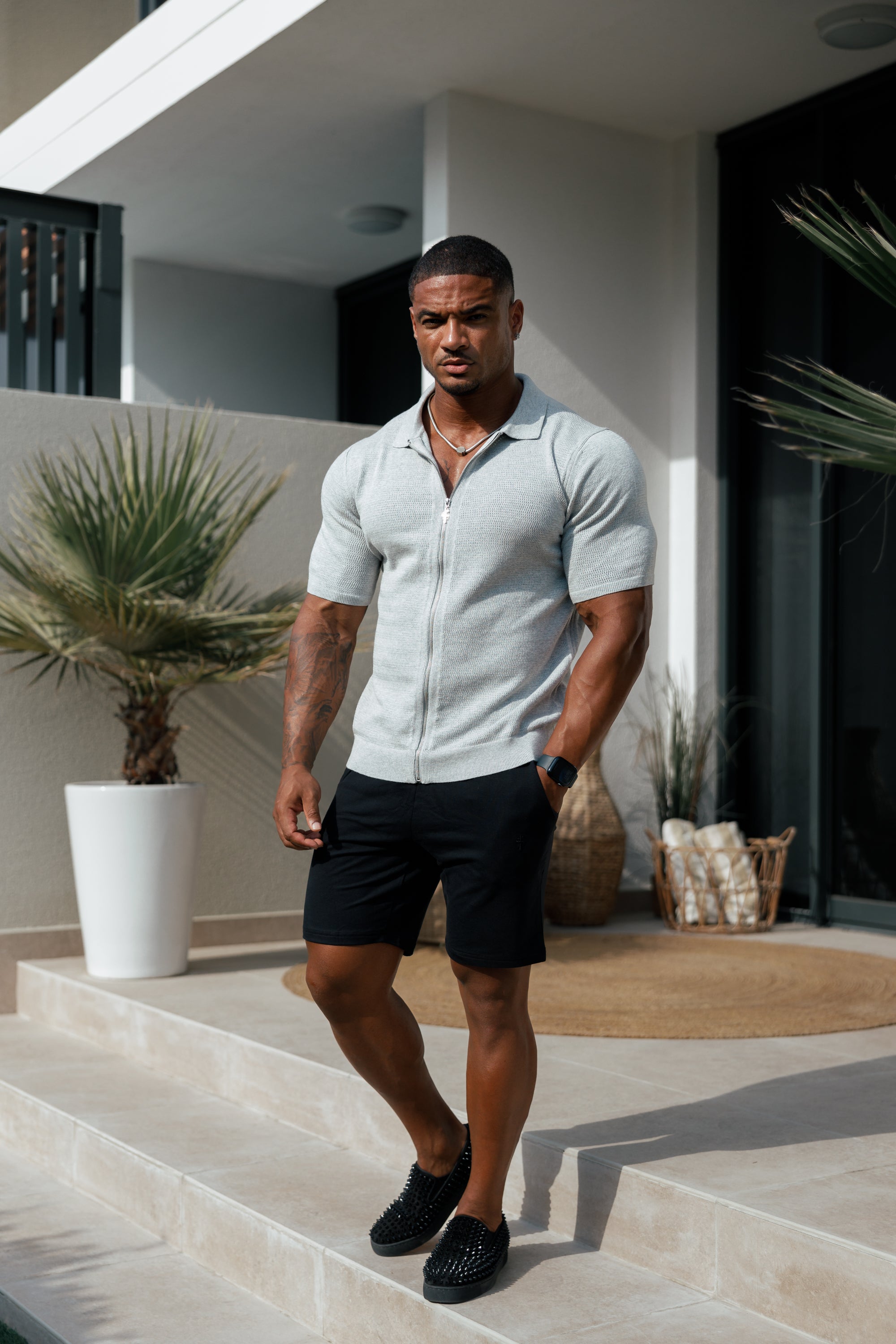 Classic Knitted Textured Design With Full Length Zip Light Grey Short Sleeve - FSN154