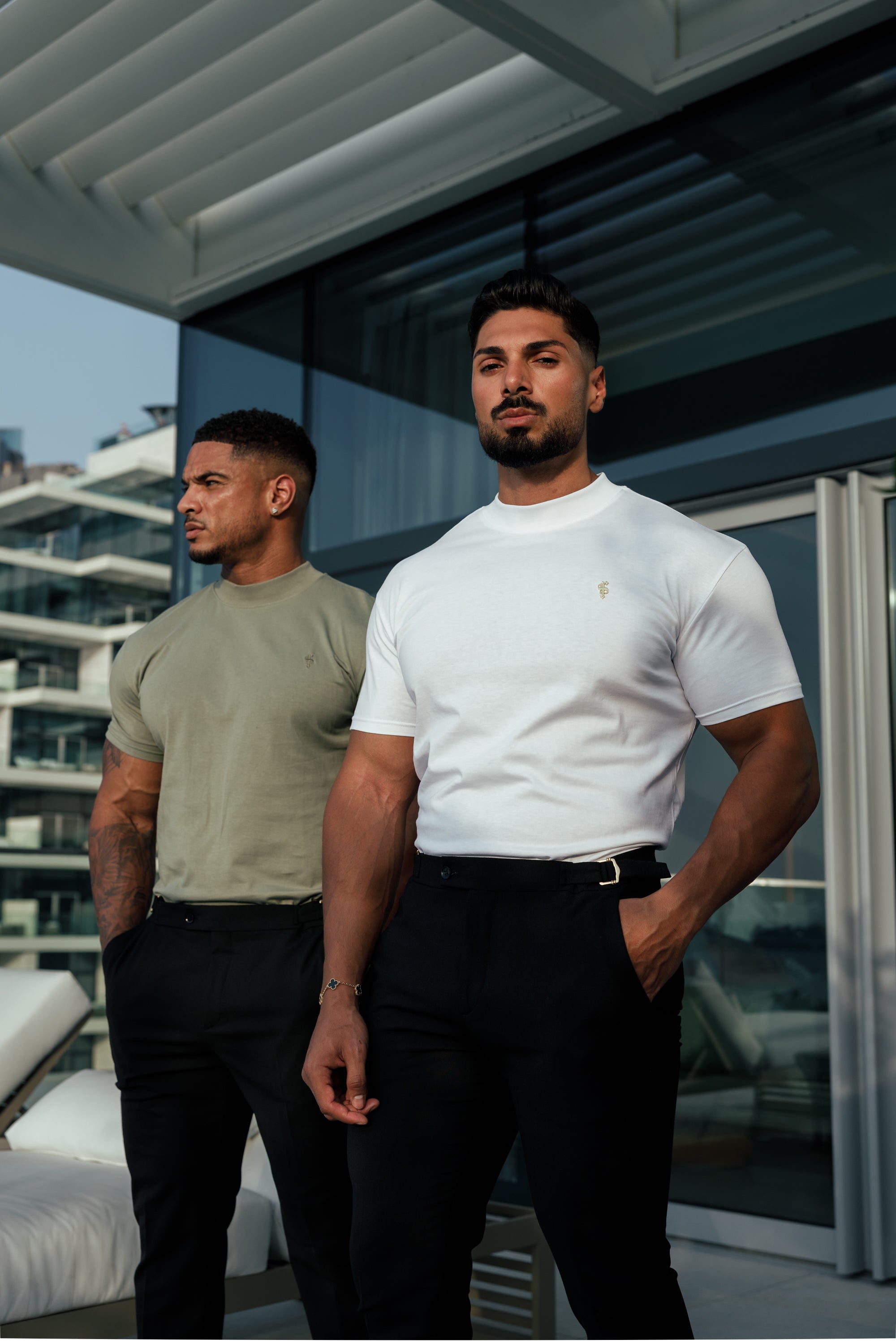 Ribbed High Neck Crew Short Sleeve White / Gold - FSH1006
