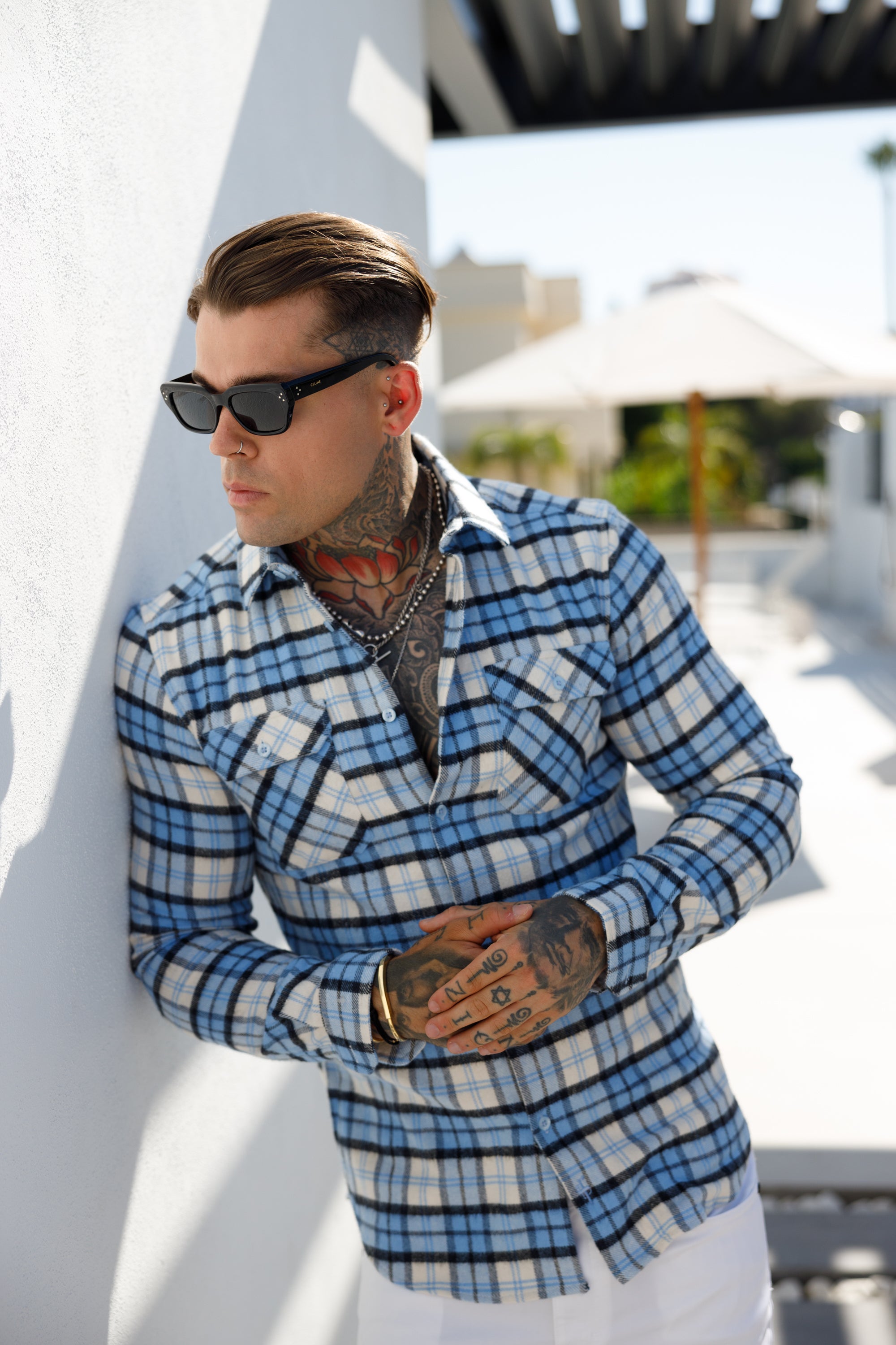 Light Blue Check Shacket With Double Pockets - FS1072