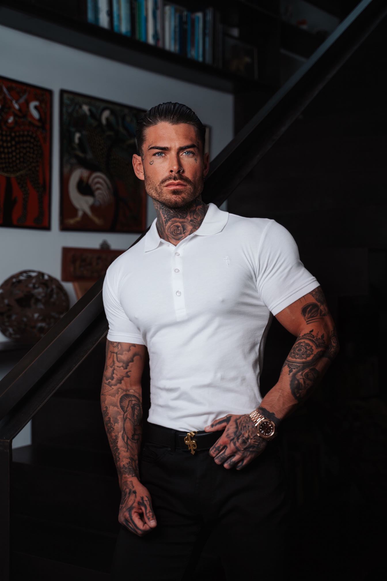 Classic White Polo Shirt with Tonal Button and Embroidery - FSH874