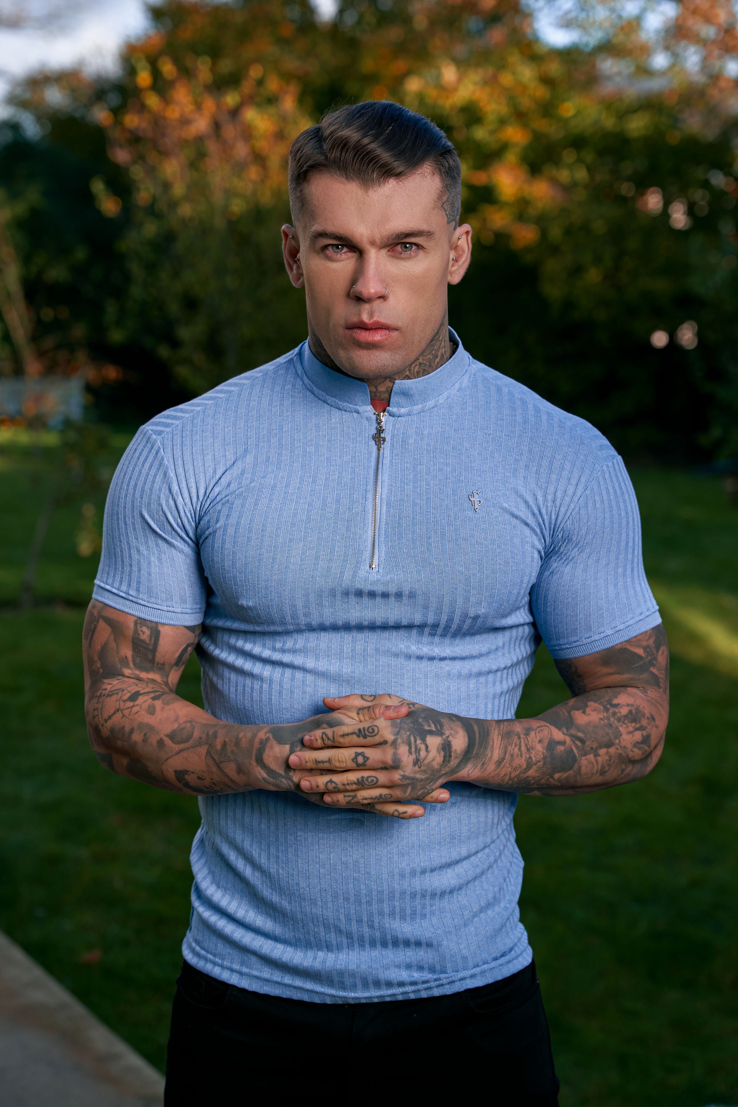 Classic Baby Blue Ribbed Silver Zip Grandad Collar Shirt Short Sleeve - FSH919