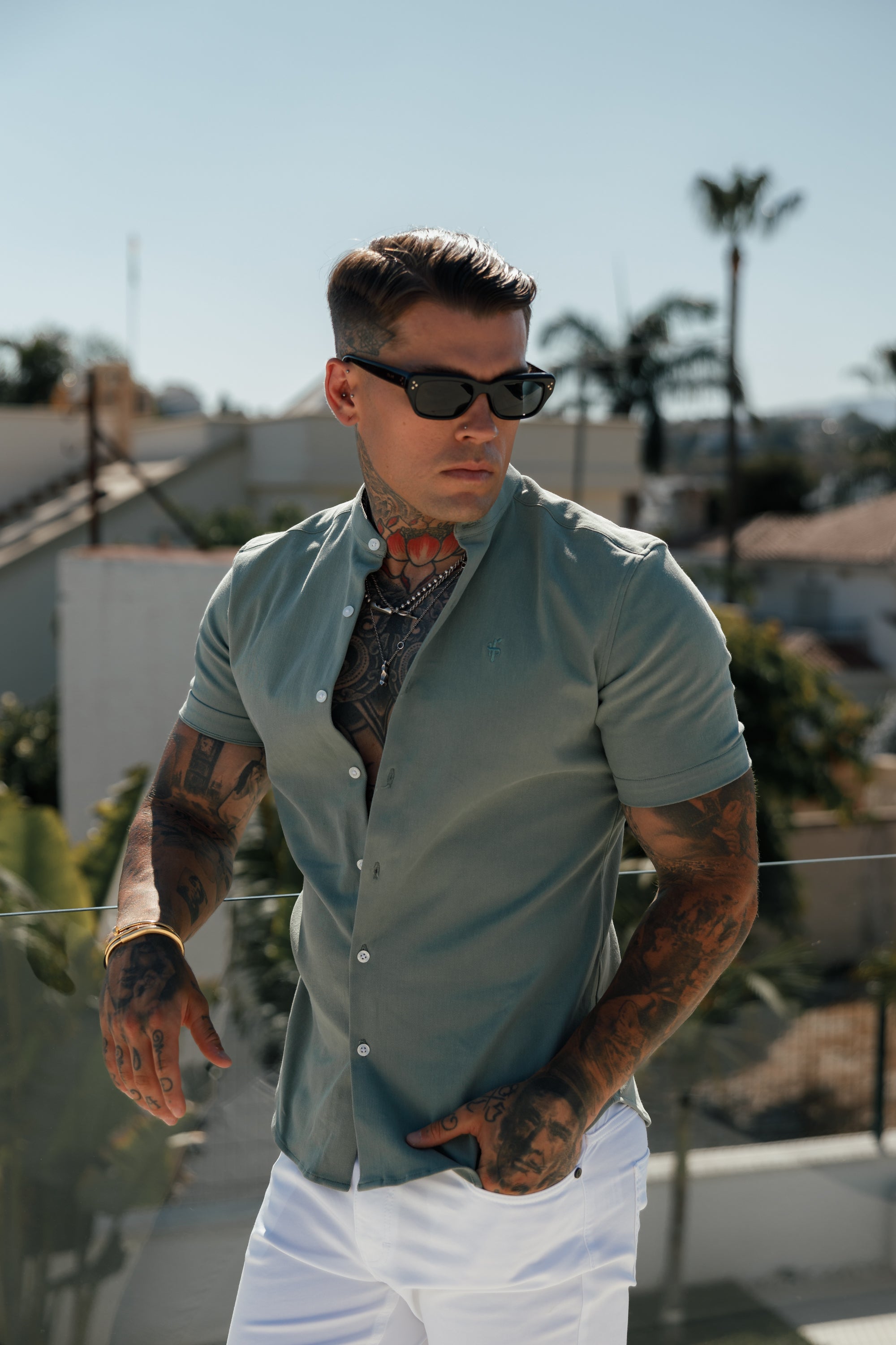 Classic Stretch Khaki / Sage with Grandad Collar SS - FS1079