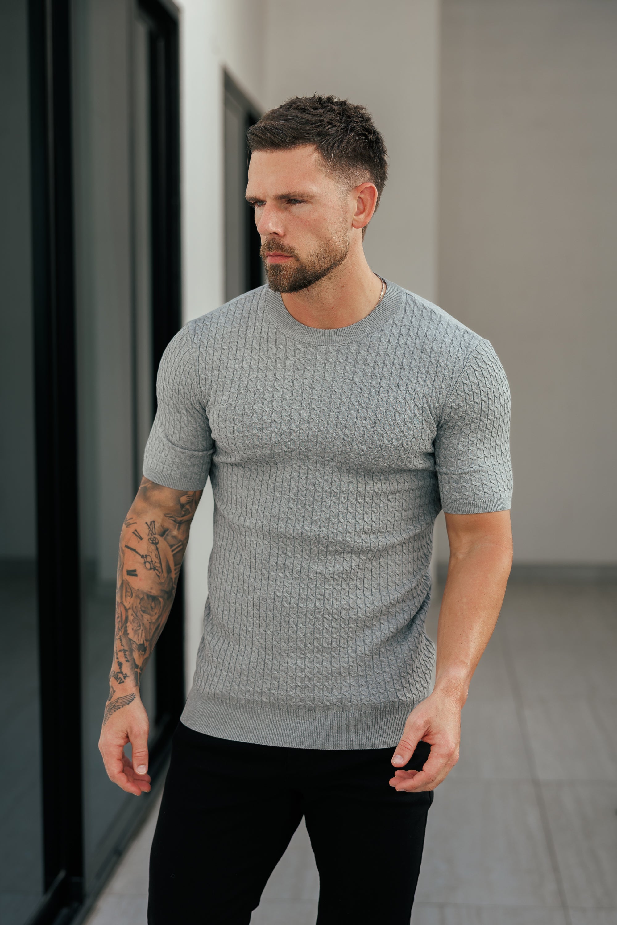 Front Chain Knit Crew T-Shirt Light Charcoal Short Sleeve - FSR058