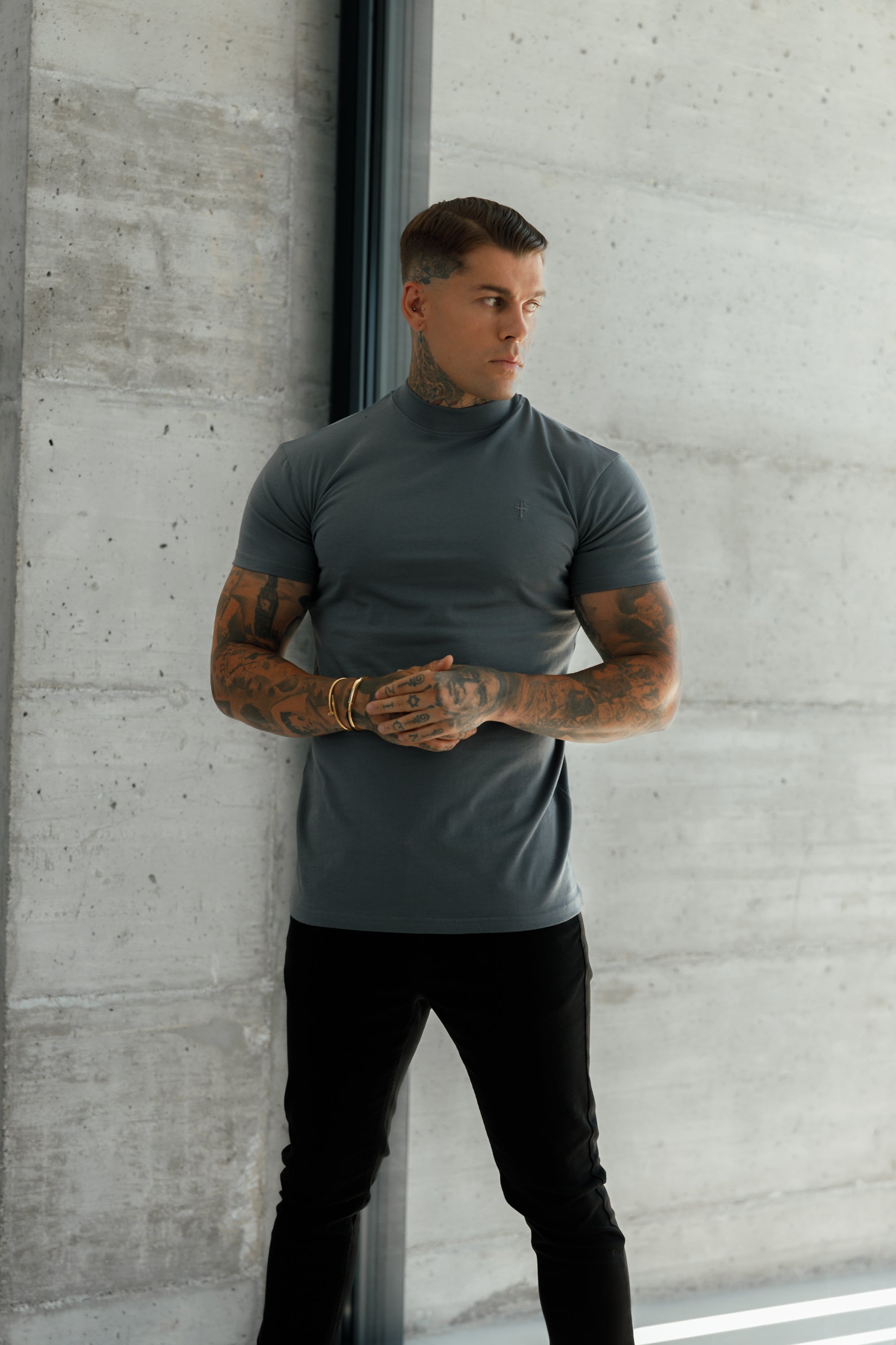Ribbed High Neck Crew T-Shirt Short Sleeve Charcoal - FSH1115