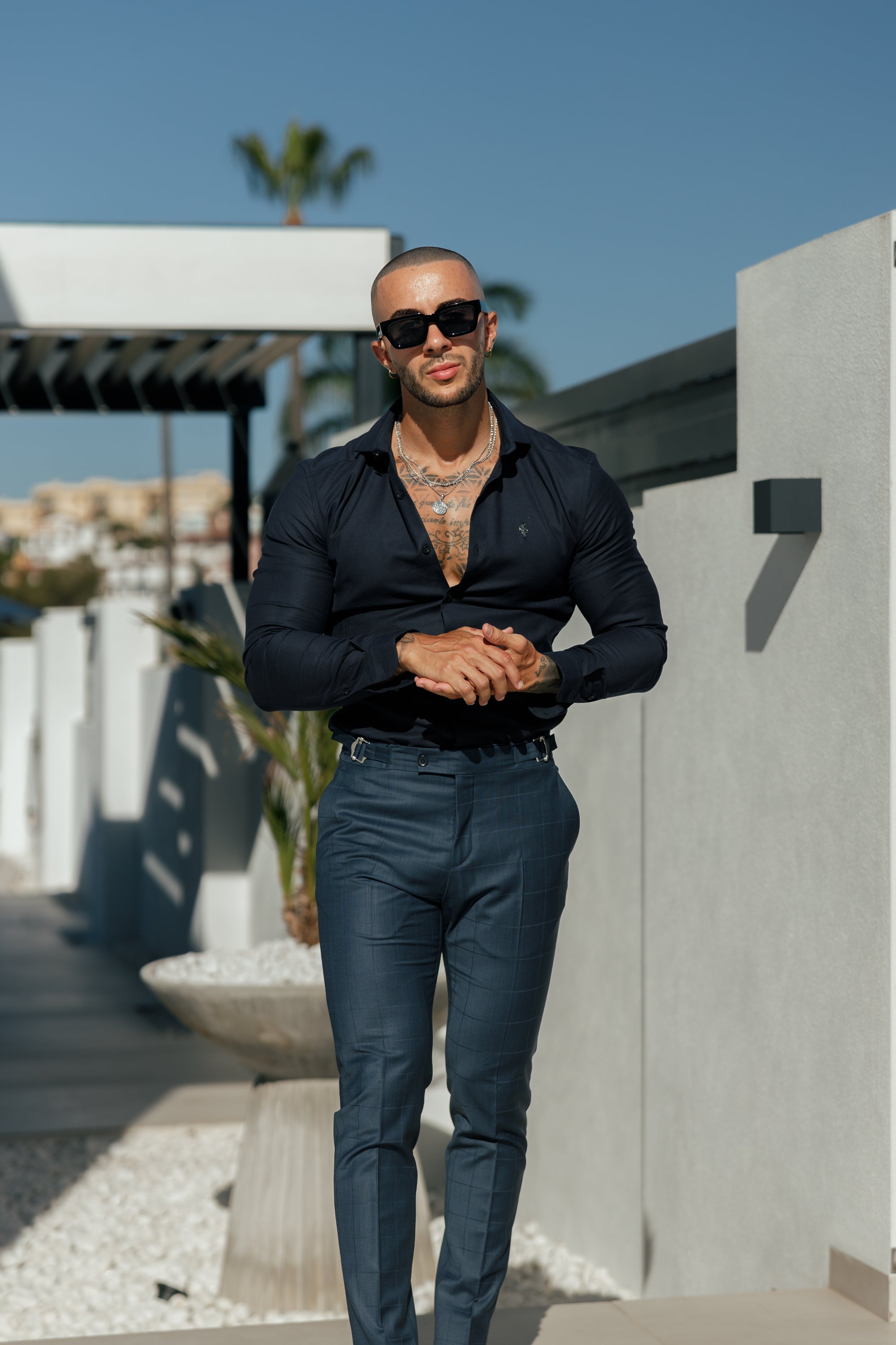 Slim Formal Navy Self Check Stretch Trousers with Side Adjusters - FST030