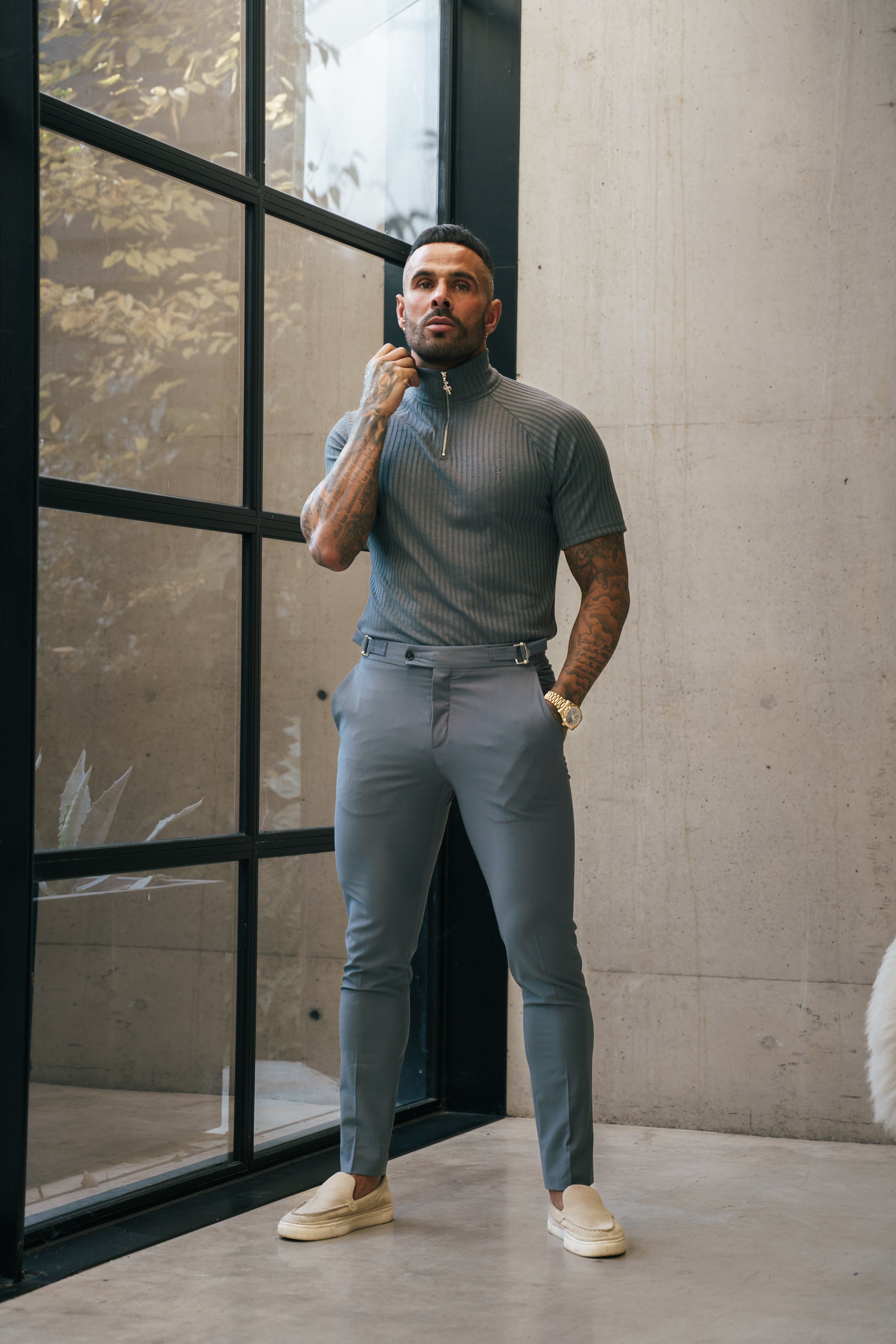 Classic Charcoal Ribbed Zip Funnel Neck Raglan Short Sleeve Crew - FSH1288