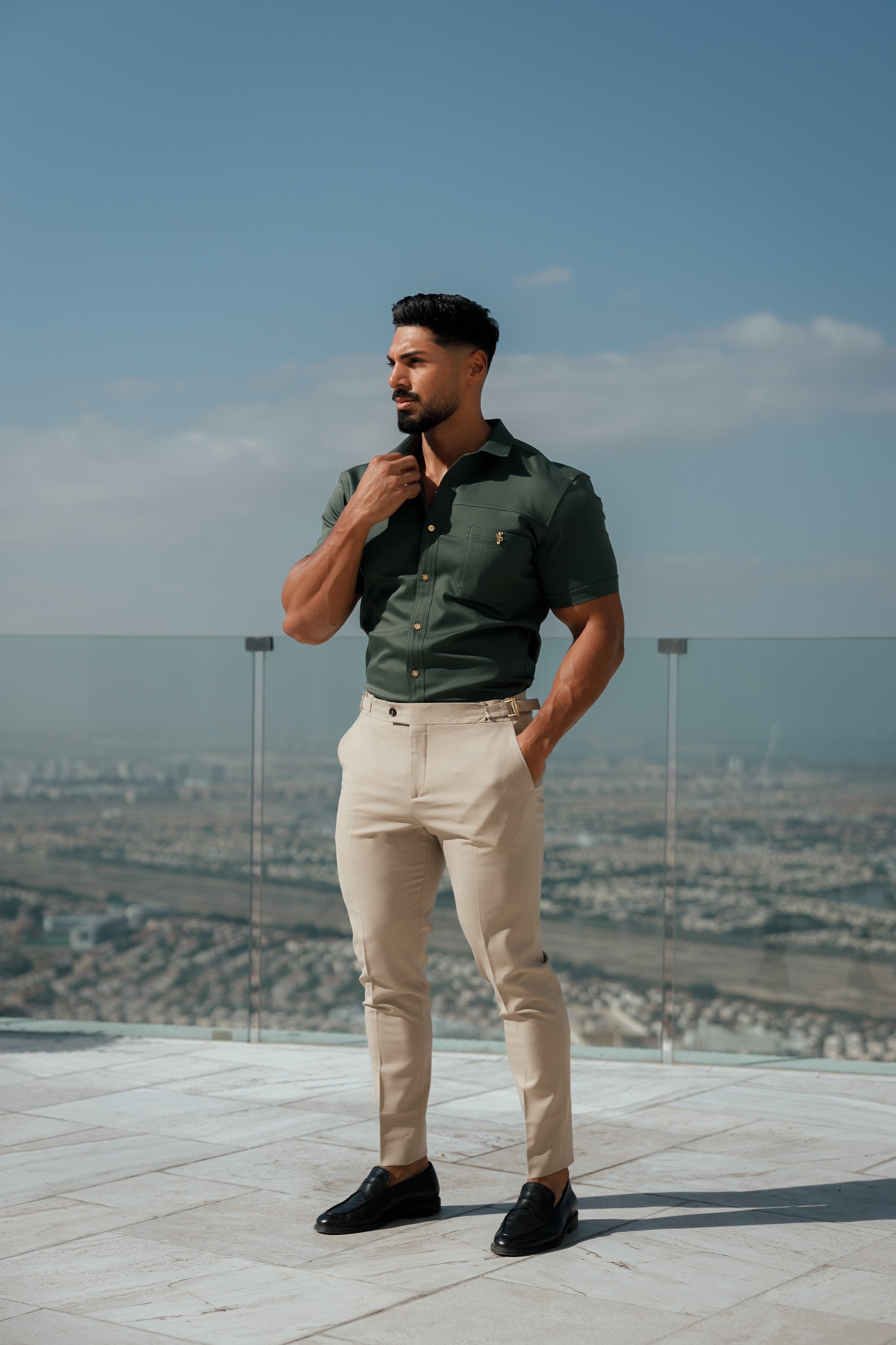 Slim Formal Beige Stretch Trousers With Gold Waist Adjusters - FST017