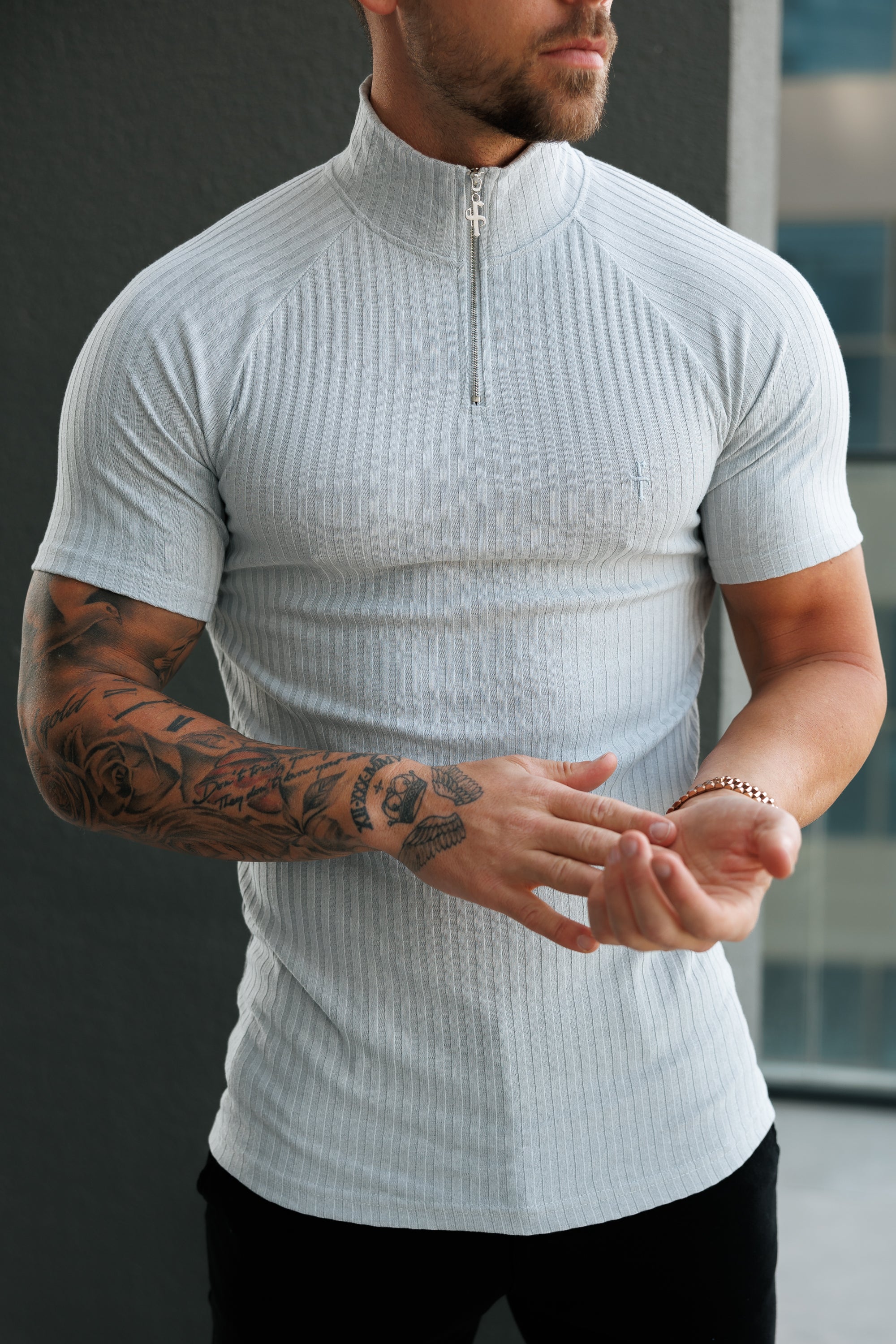 Classic Light Grey Ribbed Zip Funnel Neck Raglan Short Sleeve Crew - FSH1287