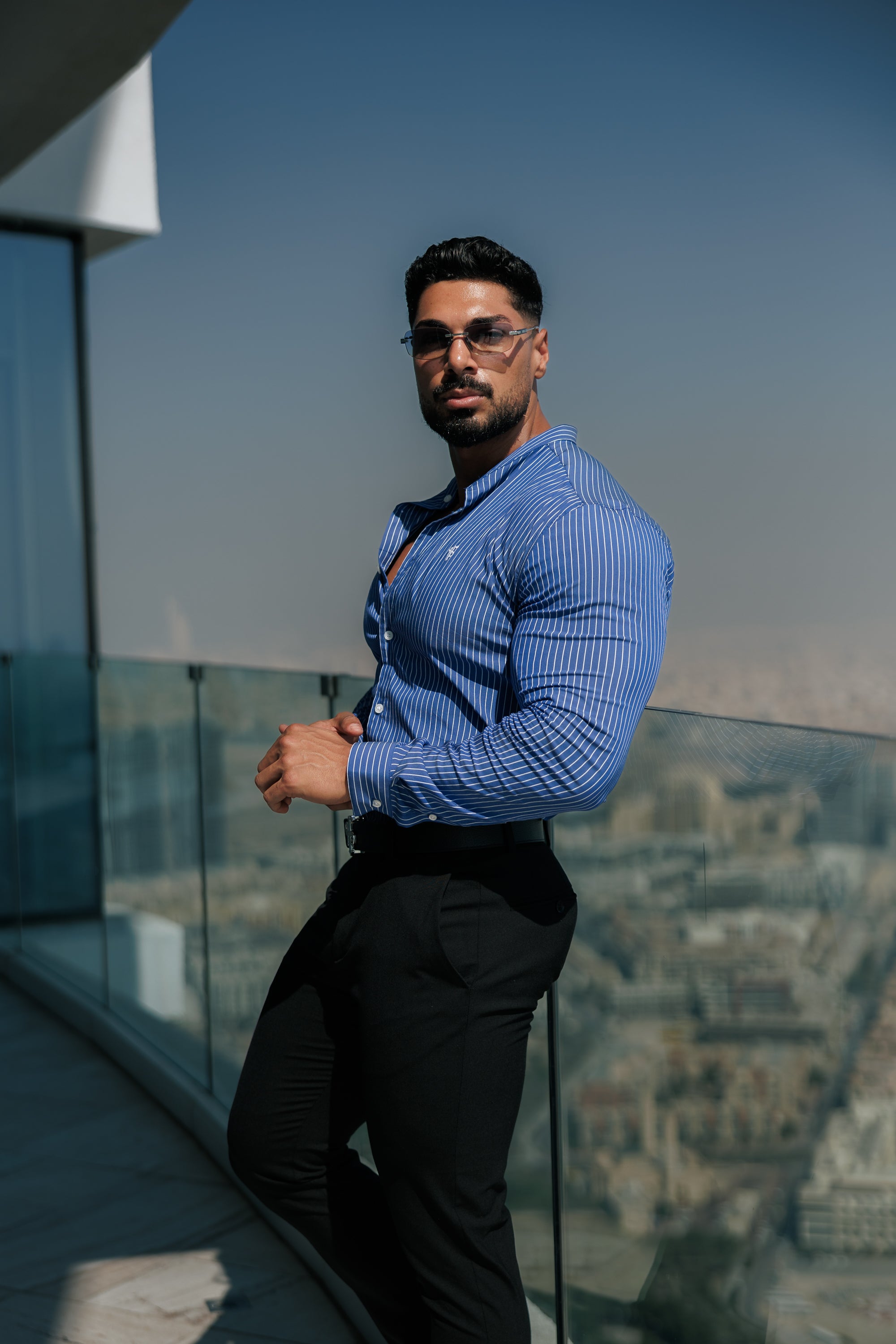 Super Slim Stretch Ocean Blue Printed Pinstripe Long Sleeve with Grandad Collar - FS1063