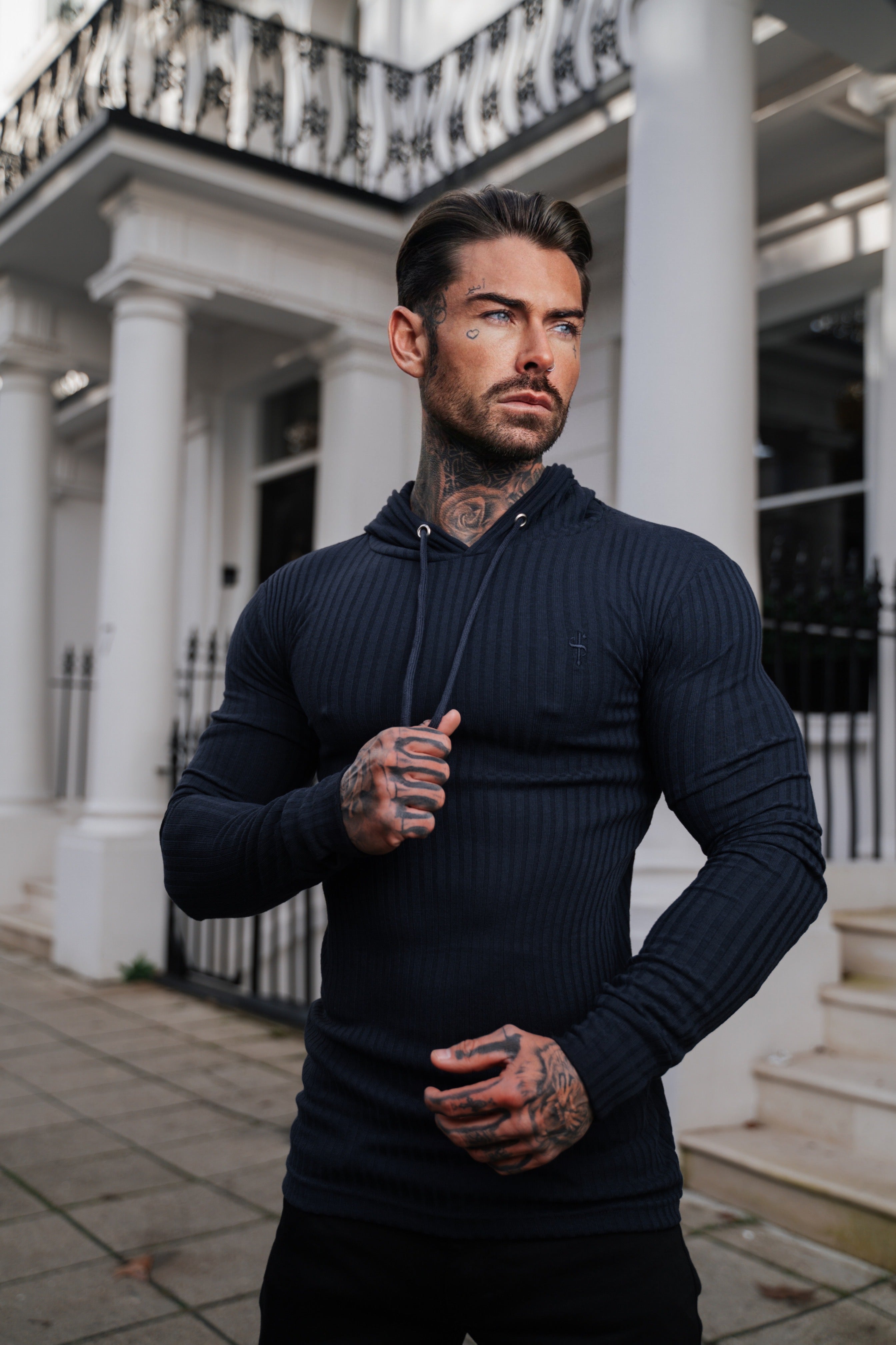 Classic Navy Ribbed Knit Hoodie Jumper - FSH904