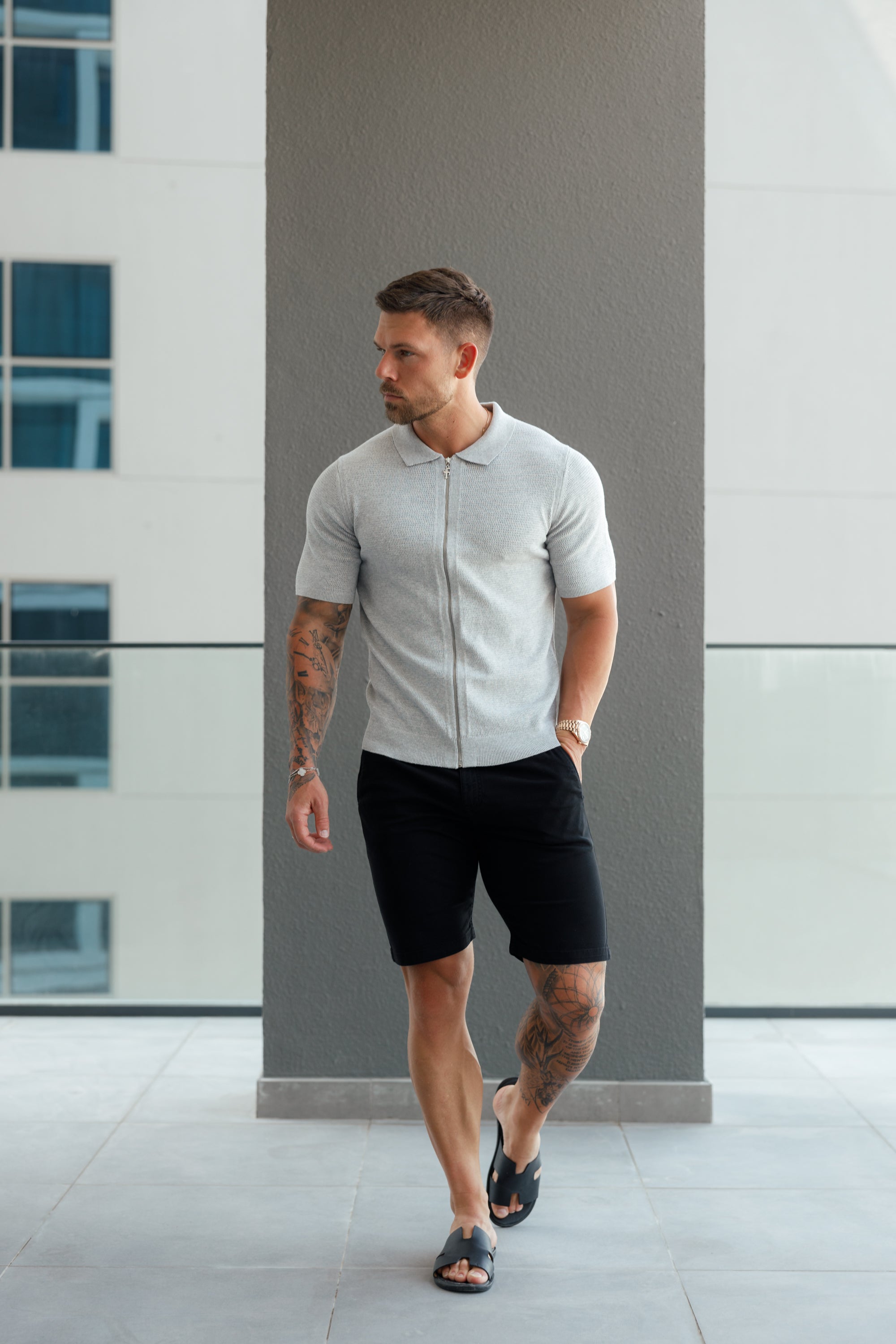 Classic Knitted Textured Design With Full Length Zip Light Grey Short Sleeve - FSN154