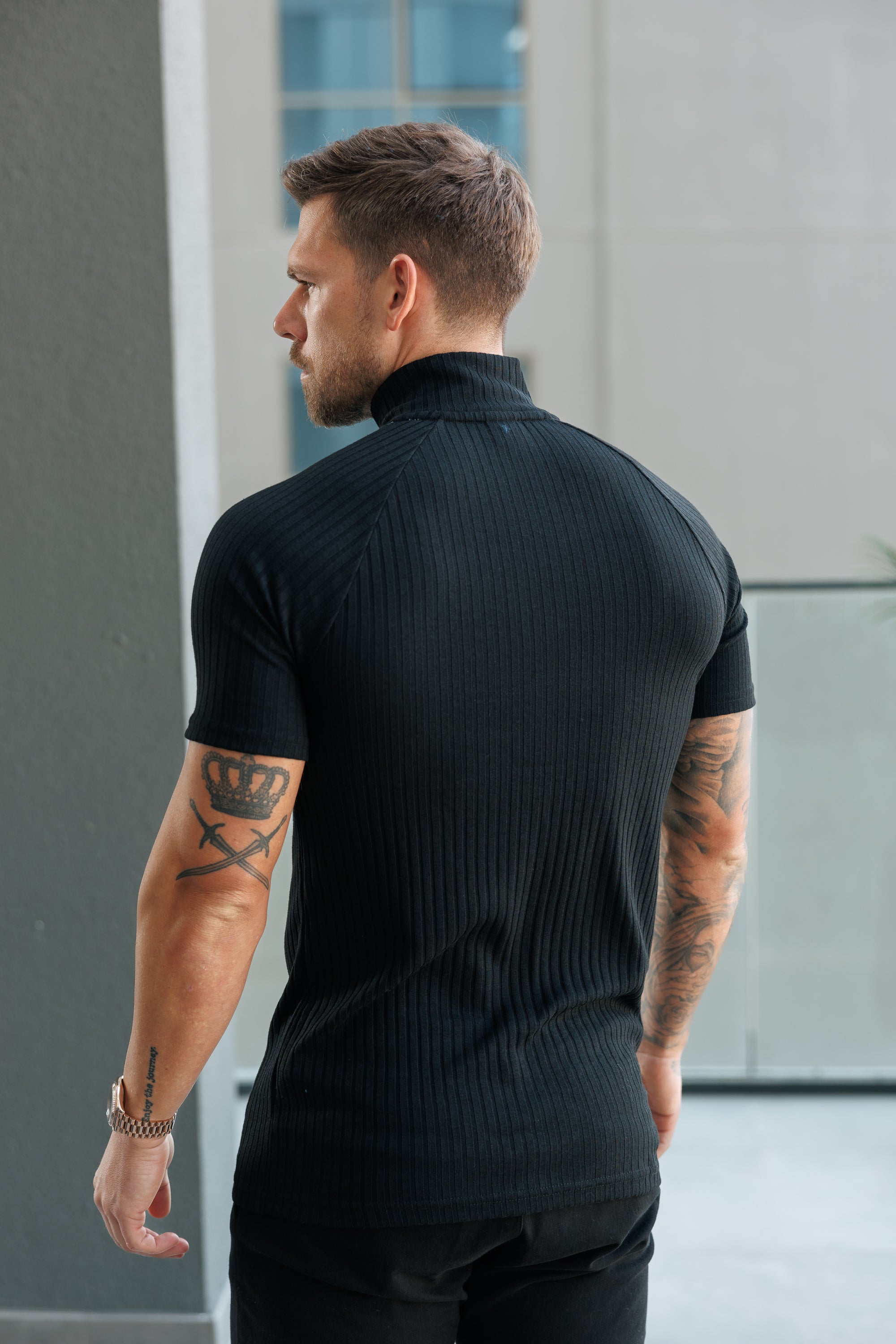 Classic Black Ribbed Zip Funnel Neck Raglan Short Sleeve Crew - FSH729