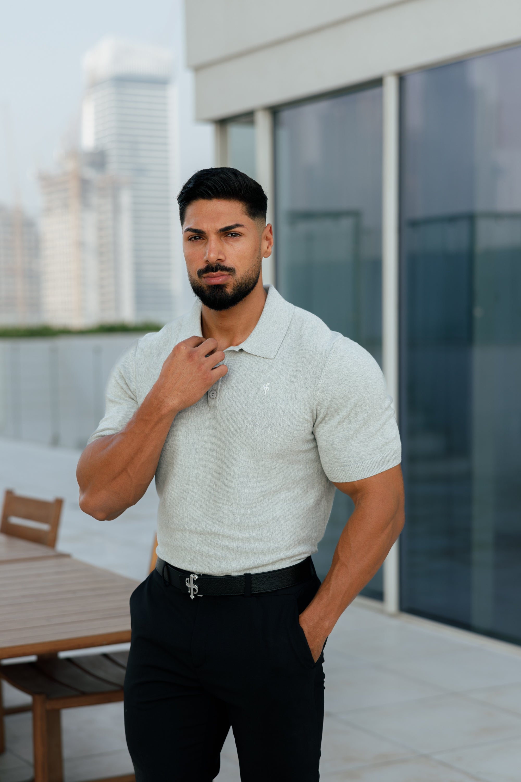 Classic Plain Light Grey Knitted Polo Short Sleeve - FSN110