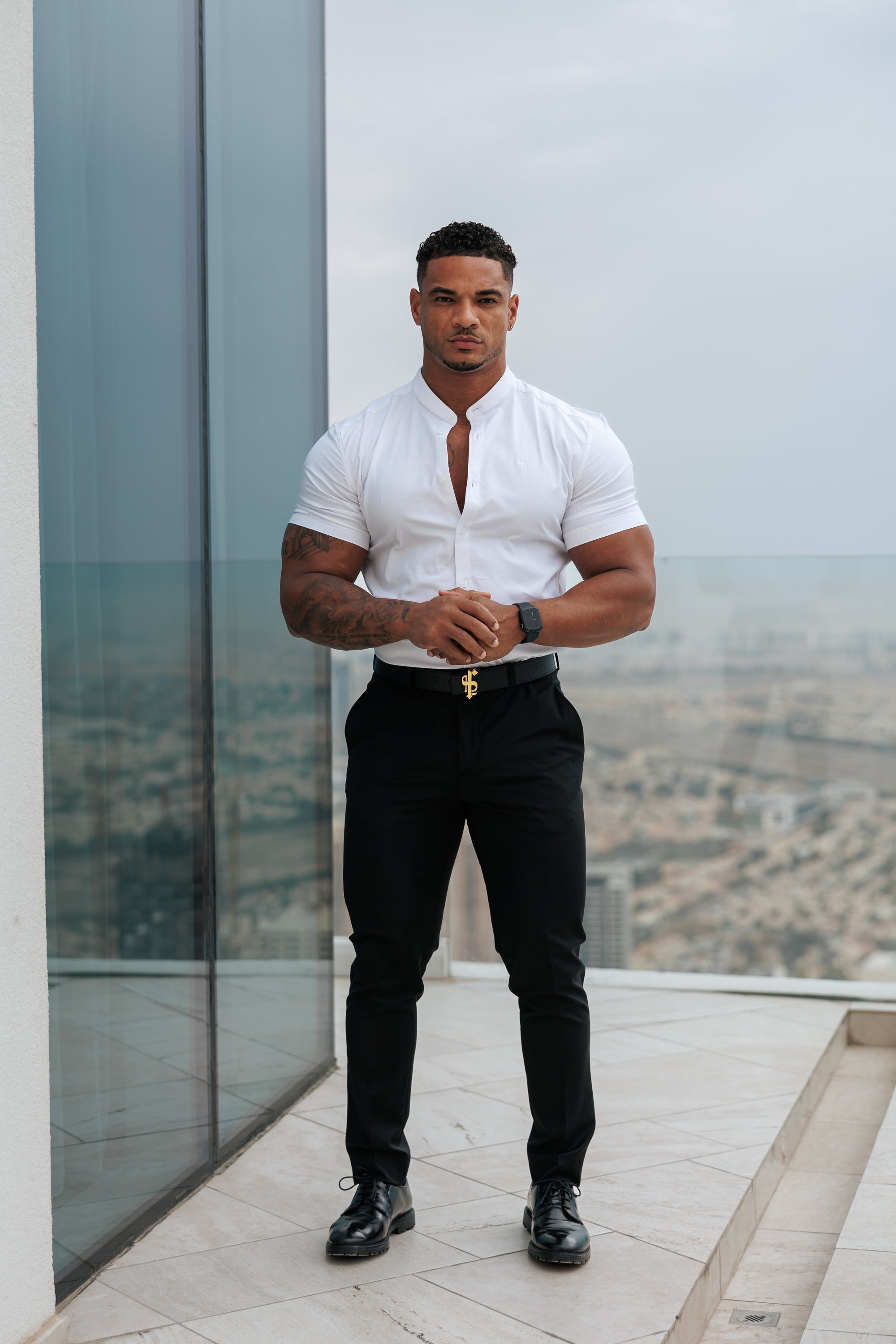 Super Slim Stretch Classic All White Grandad Collar Short Sleeve - FS580