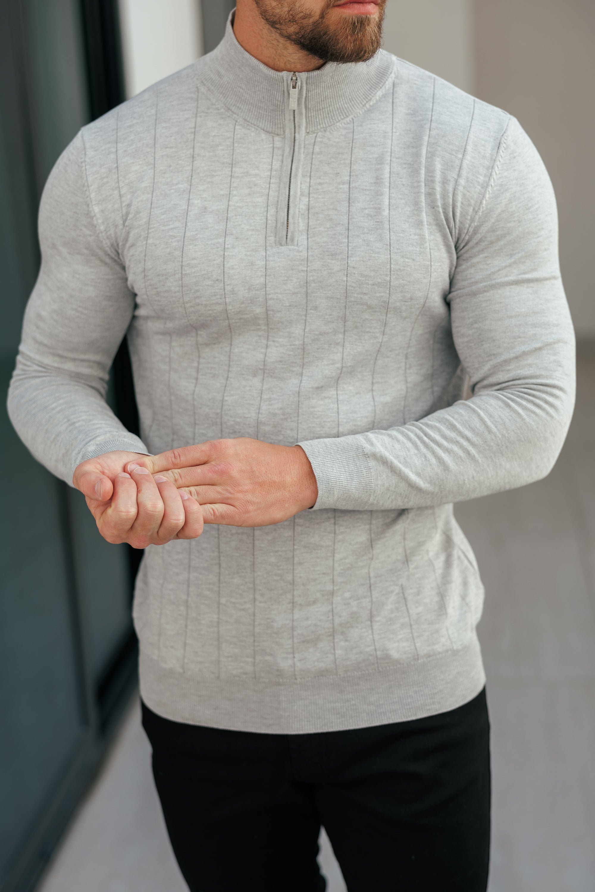 Self Stripe 1/4 Zip Funnel Neck Knit Jumper Silver Grey Long Sleeve - FSR051