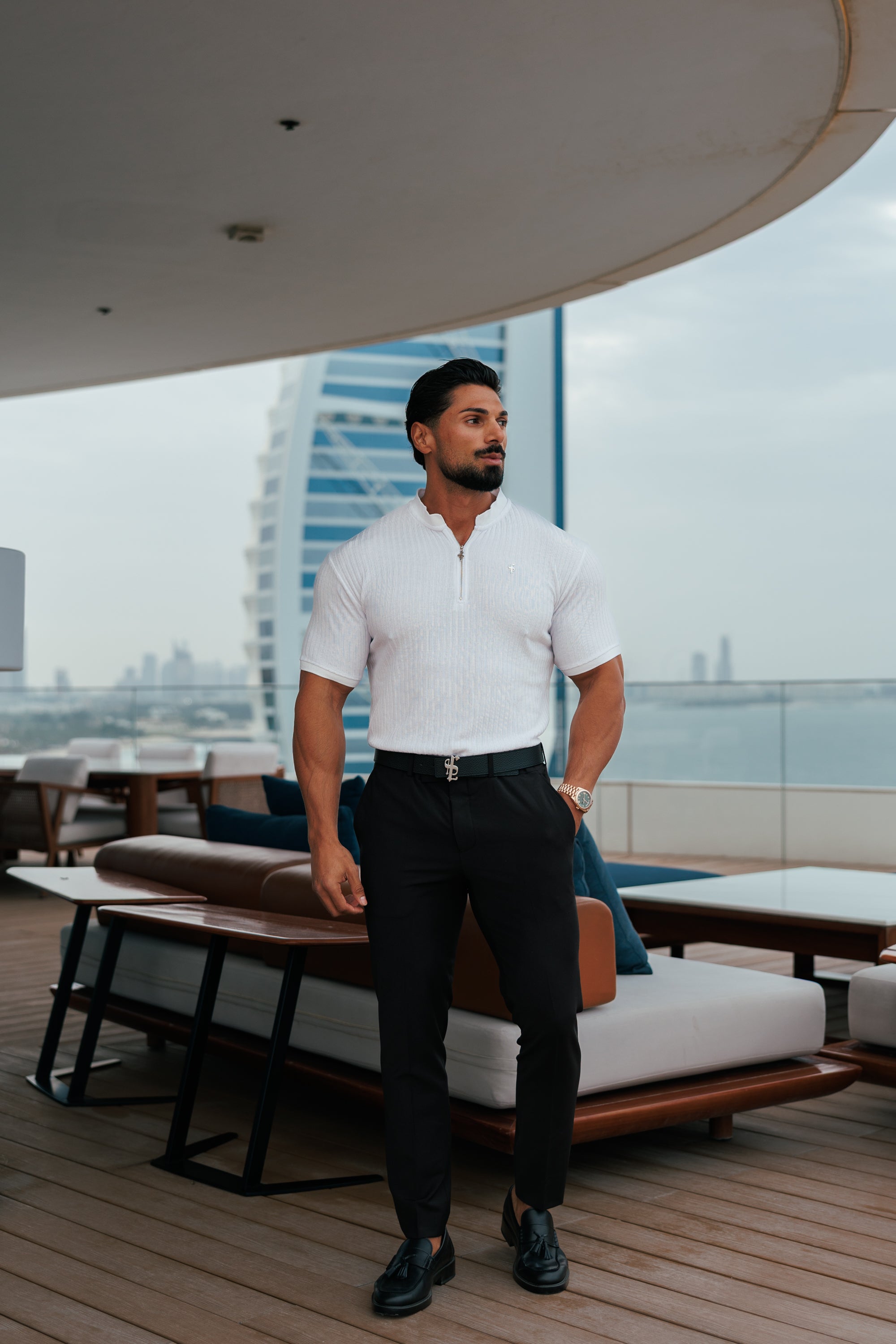 Classic White / Silver Ribbed Zip Grandad Collar Shirt Short Sleeve - FSH1447