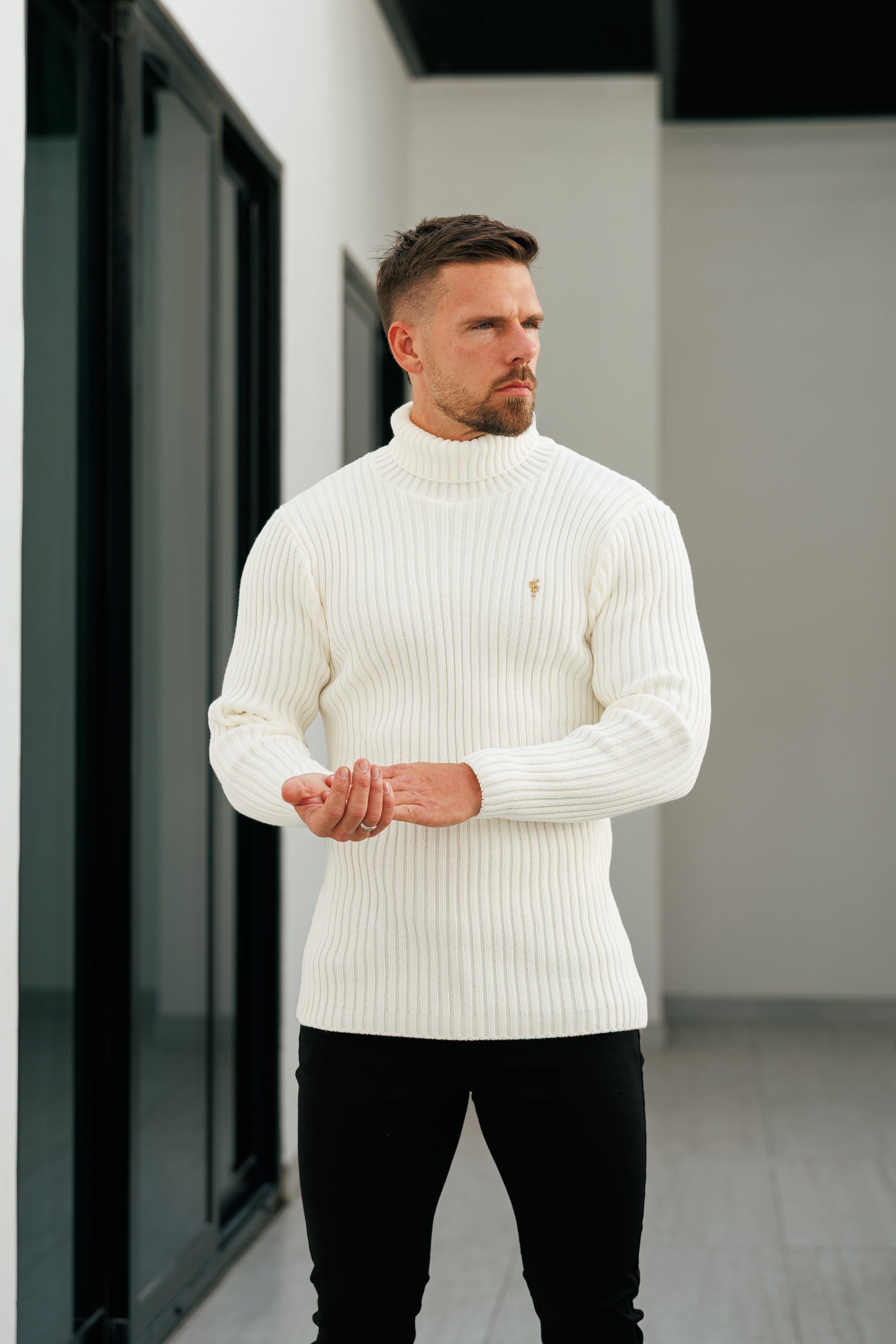 Ribbed Knit Cream Roll Neck Jumper - FSJ114