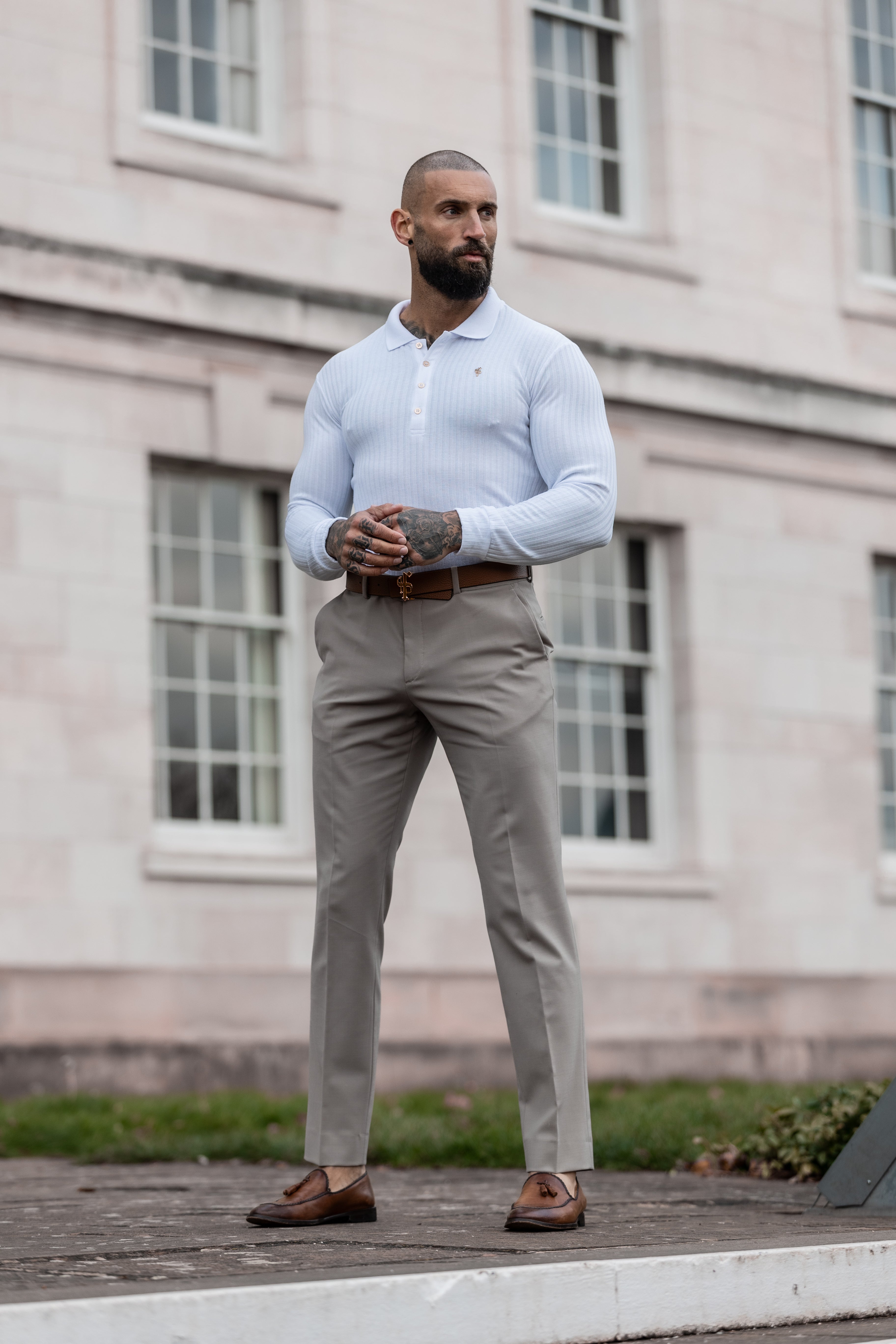 Classic White Ribbed Polo Shirt Long Sleeve With Gold Decal - FSH975