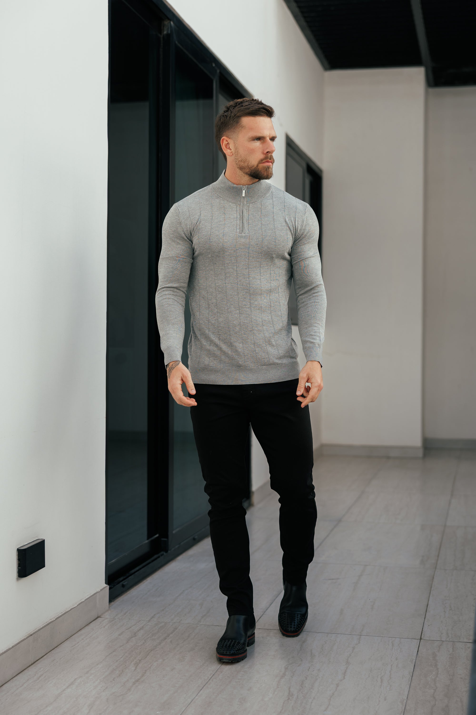 Self Stripe 1/4 Zip Funnel Neck Knit Jumper Light Charcoal Long Sleeve - FSR053