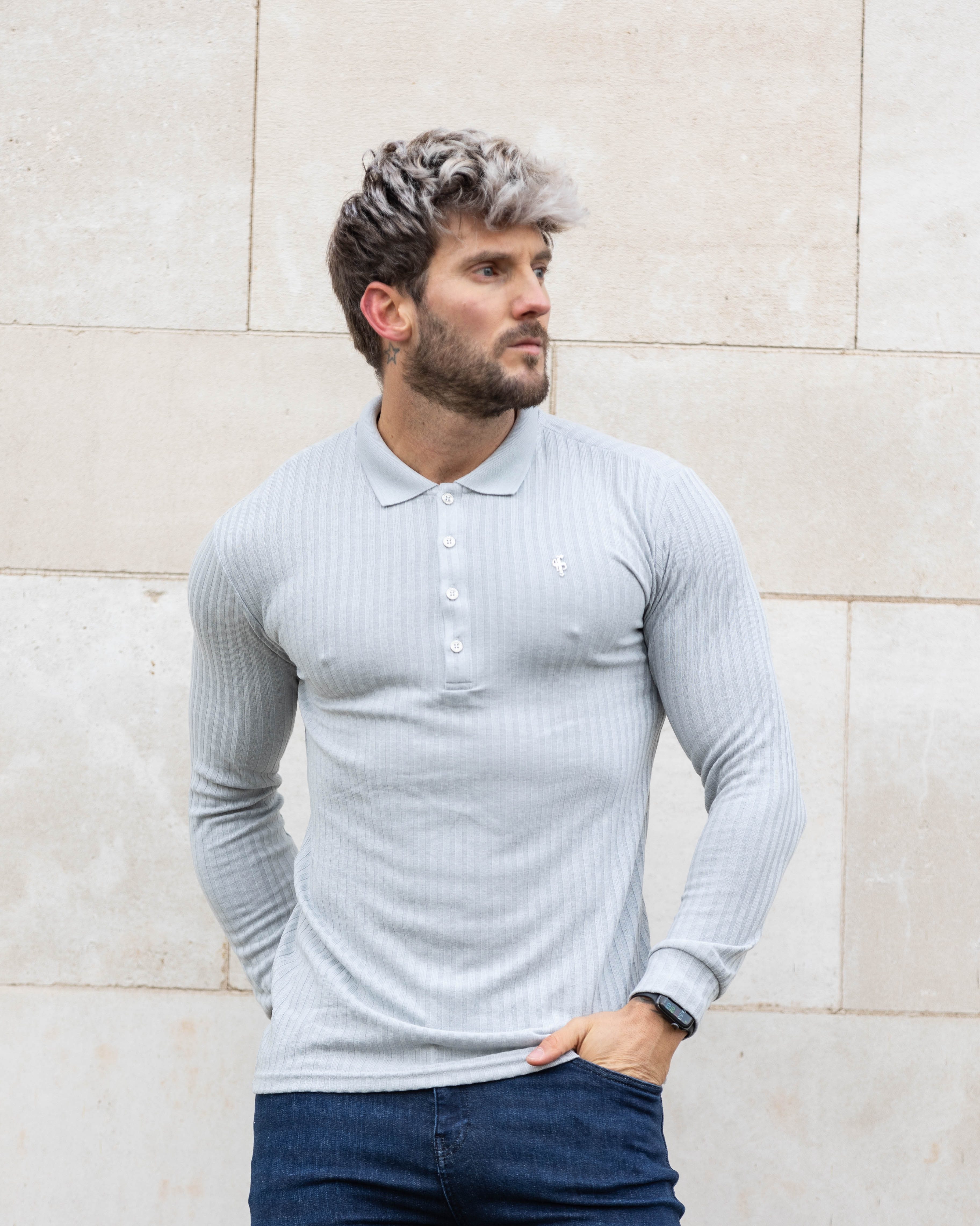 Classic Light Grey Ribbed Polo Shirt Long Sleeve With Silver Decal - FSH973