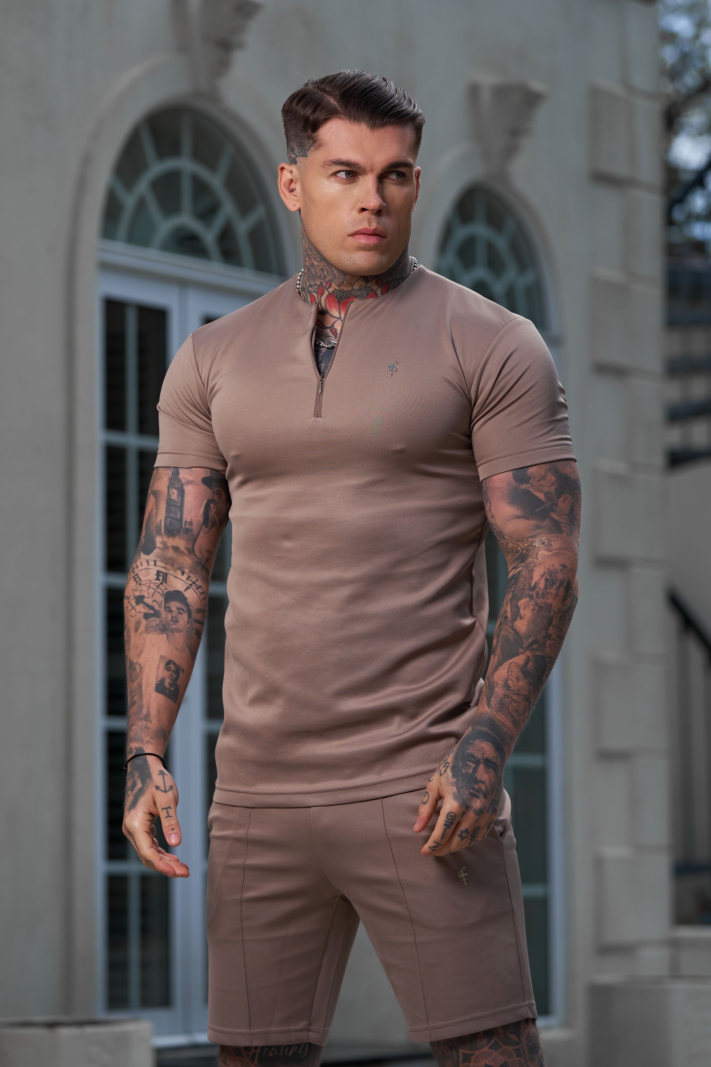 Scuba Taupe / Gold Crew T Shirt With Zip Detail Short Sleeve - FSH1030