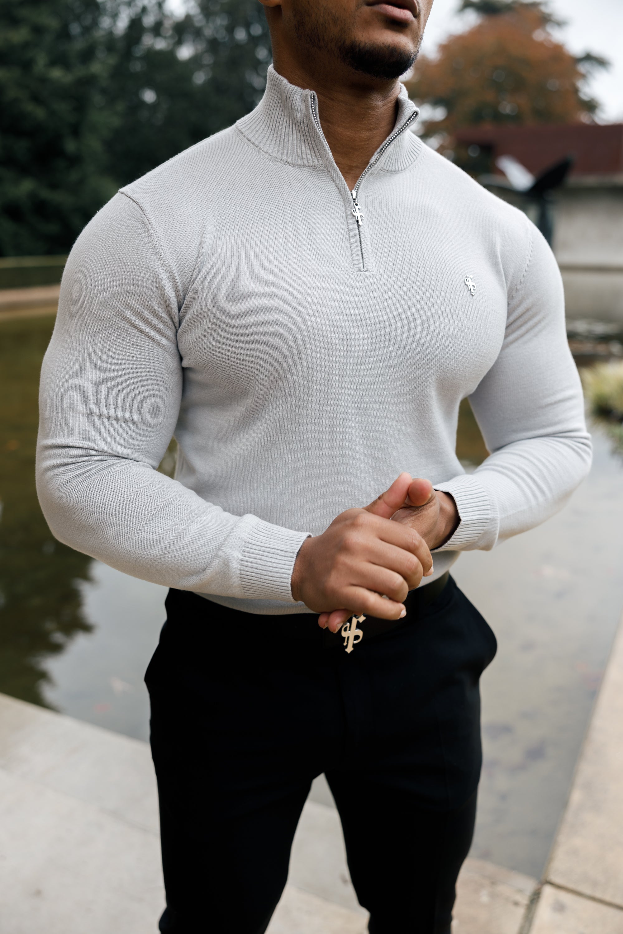 Silver Grey Funnel Neck 1/2 Zip Knitted Jumper - FSN123