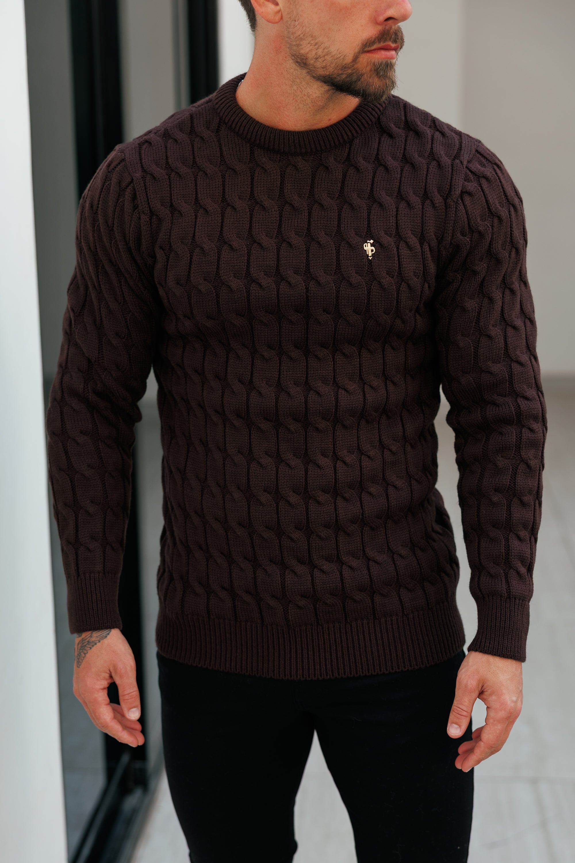 Link Weave Knit Brown Crew Neck Jumper - FSJ141